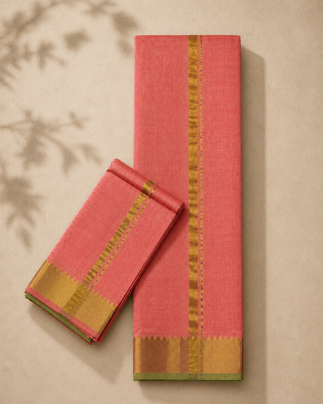 Coral orange Mangalagiri Silk Cotton Veshti Set with Gold & Olive Green Zari Border