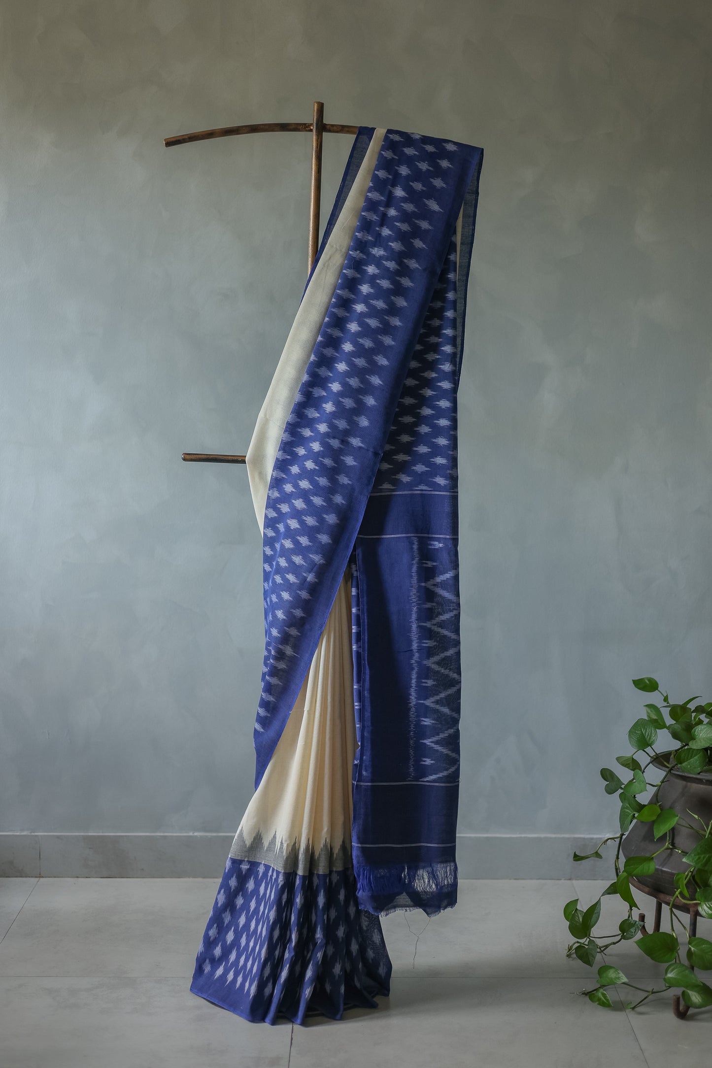 Off White Ikat Cotton with Big Blue Border Saree