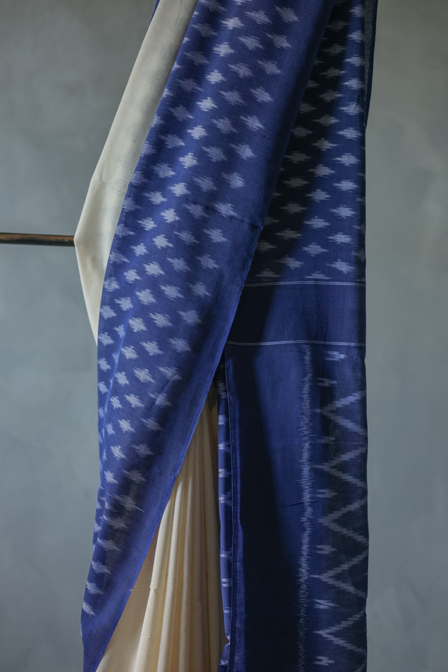 Off White Ikat Cotton with Big Blue Border Saree