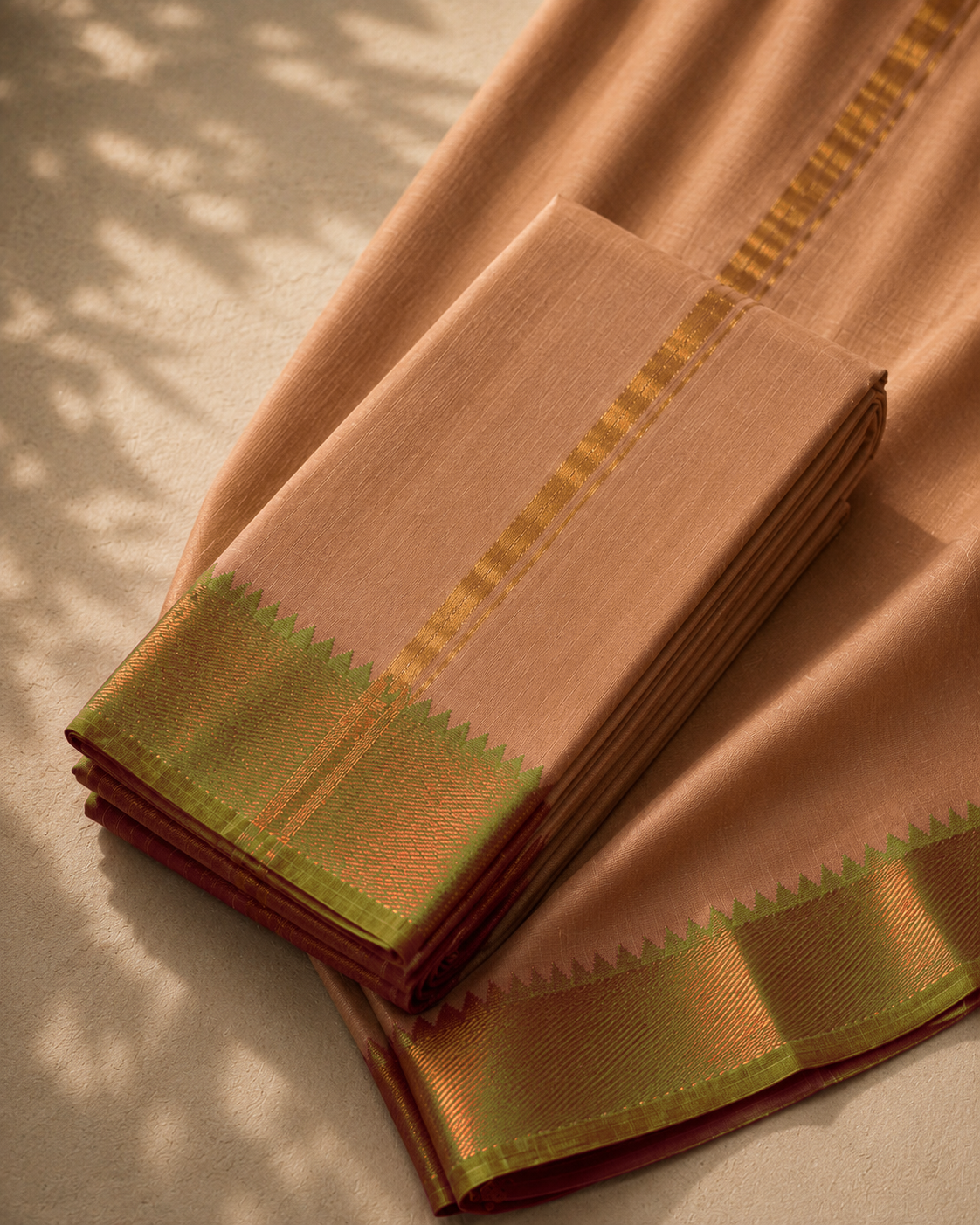 Natural Beige Mangalagiri Silk Cotton Veshti Set with Olive Green Zari Border