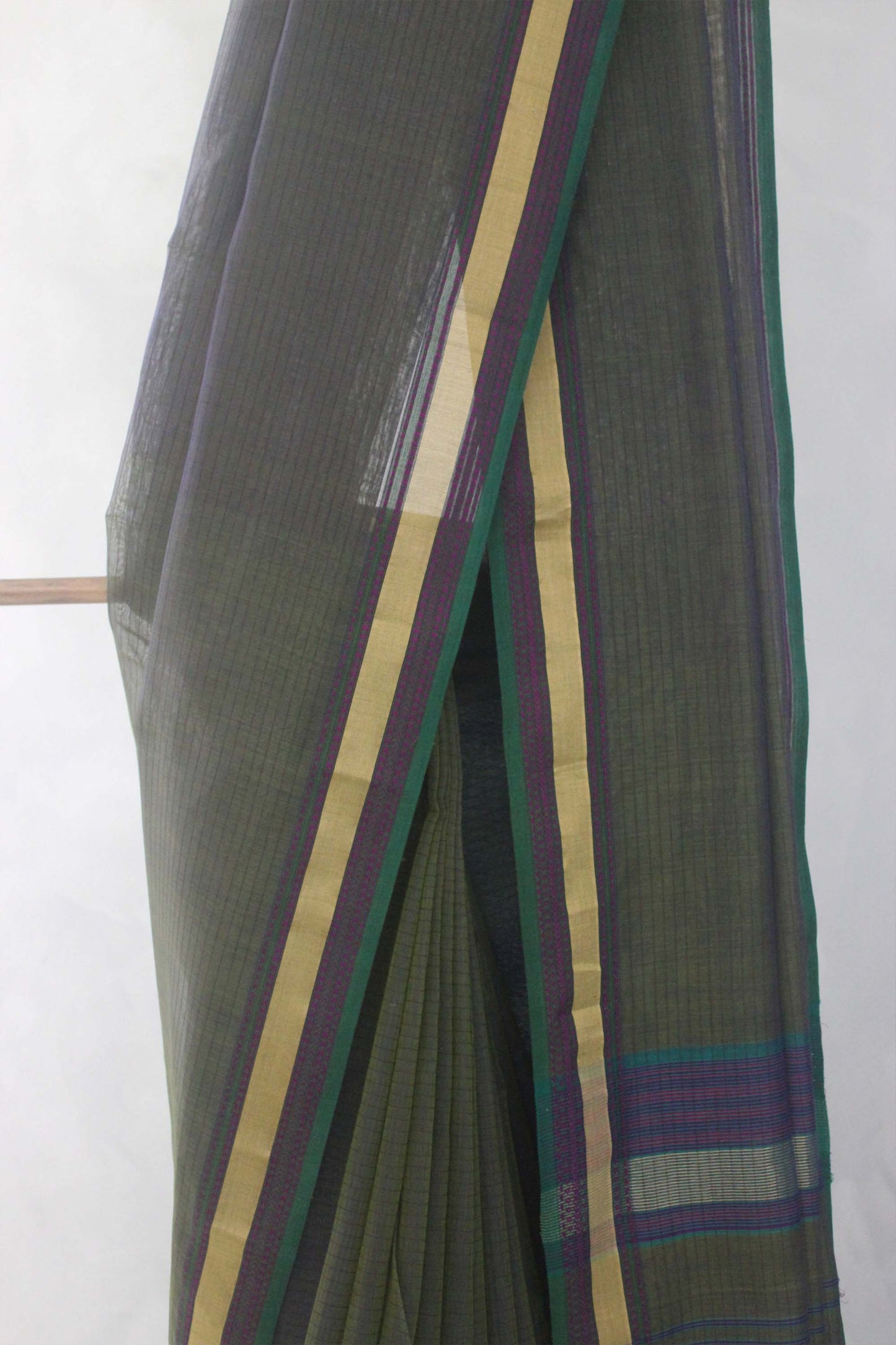 Green Striped Body with Multi Colour Border Silk Cotton Saree