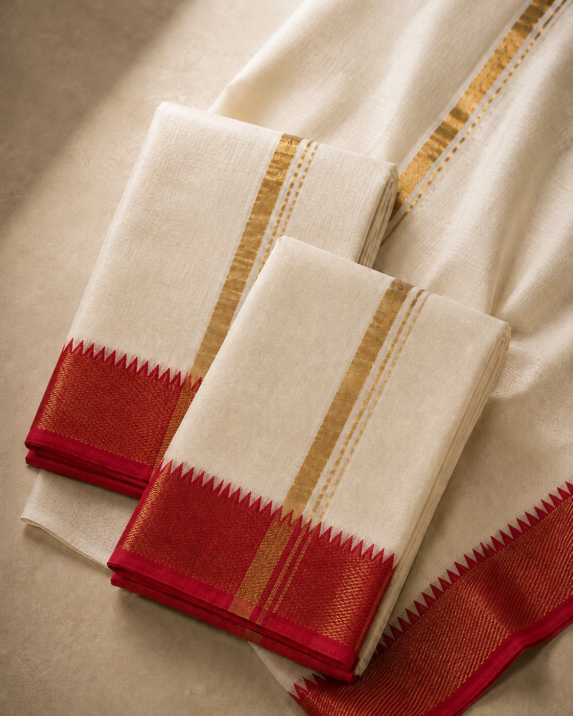 Classic Off-White Mangalagiri Silk Cotton Veshti Set with Maroon Zari Border