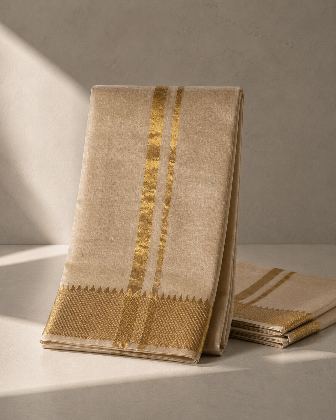 Classic Off-White Mangalagiri Silk Cotton Veshti Set with Gold Zari Border