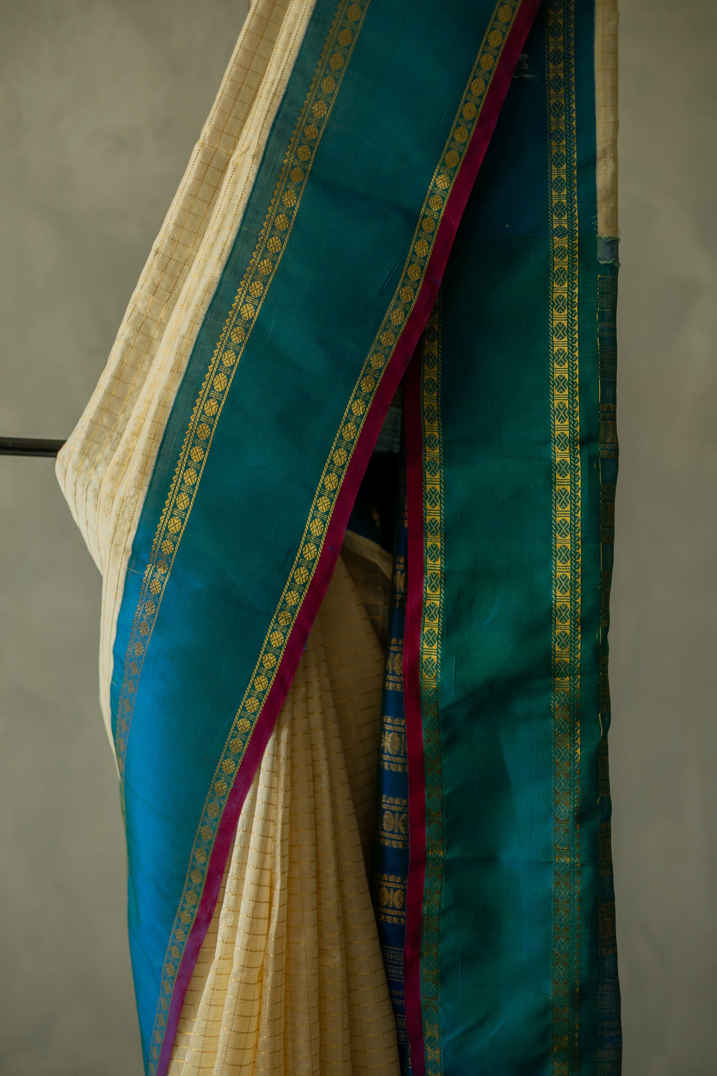 Off White Silk Cotton All Over Small Checks with Big Blue Border Saree