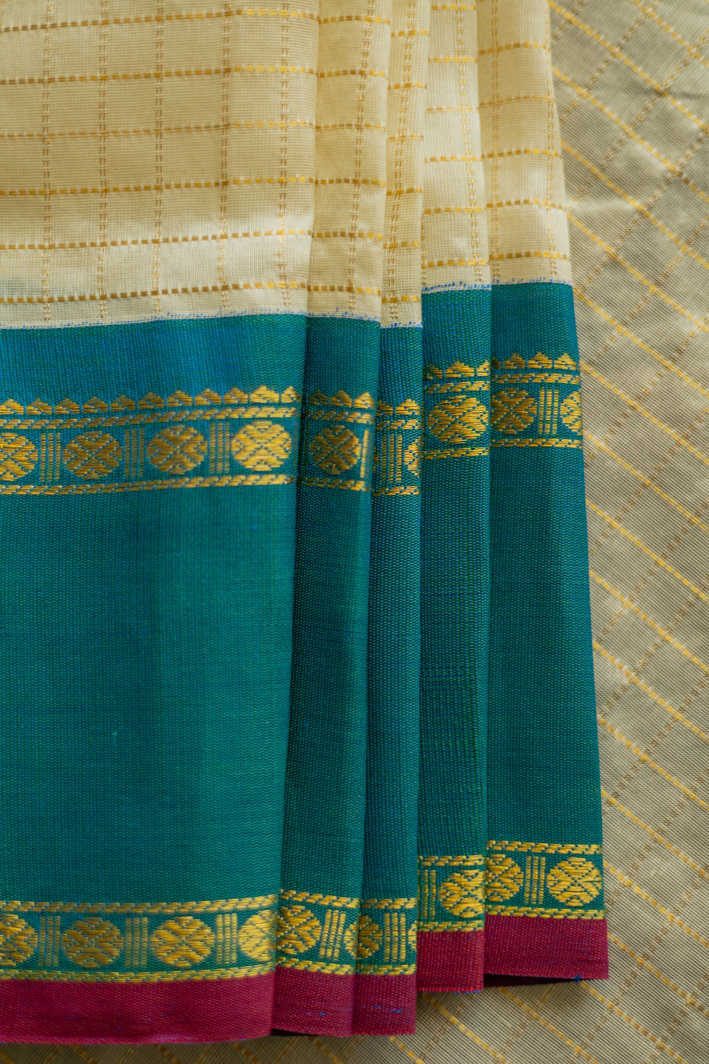 Off White Silk Cotton All Over Small Checks with Big Blue Border Saree