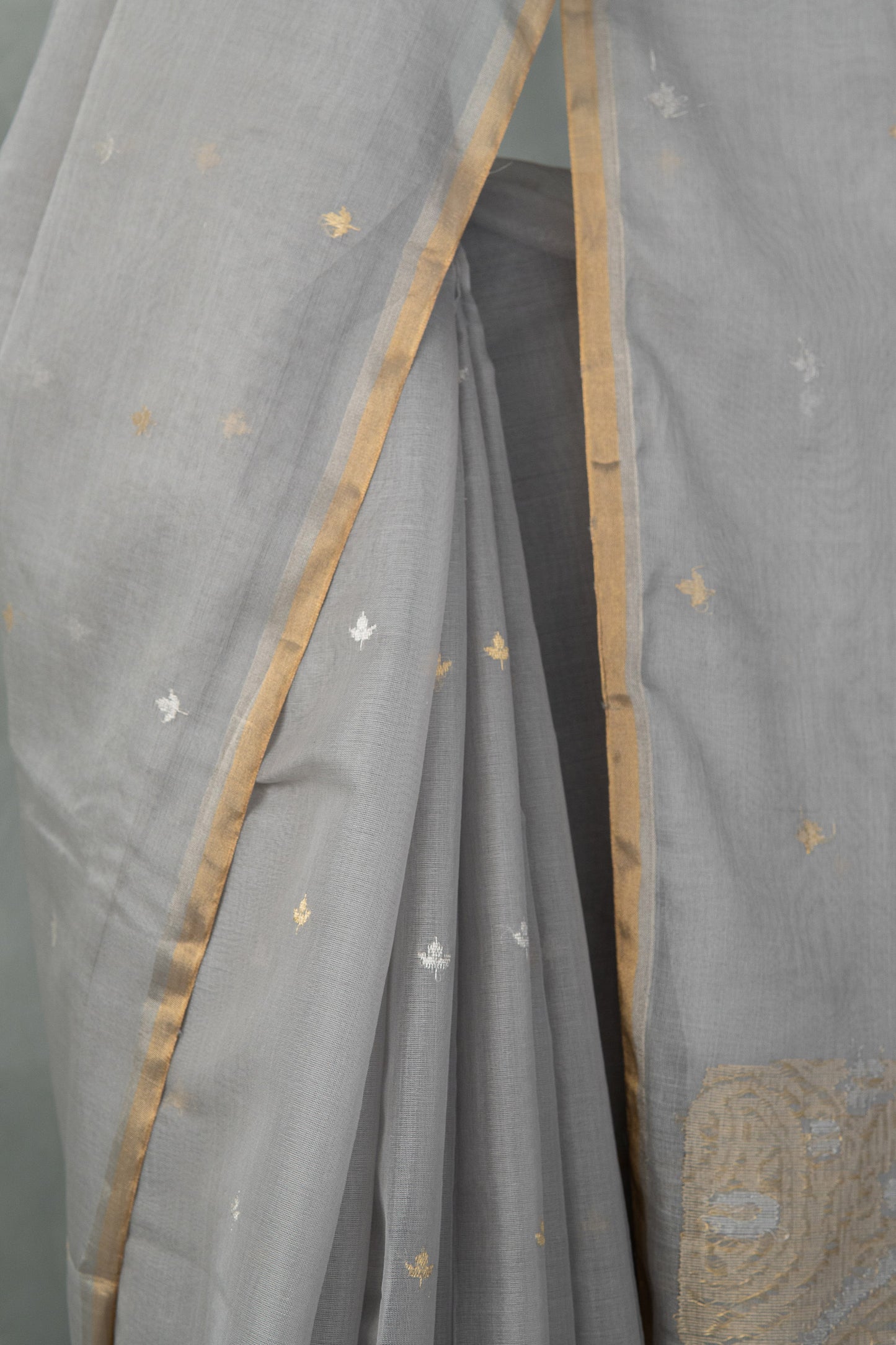 Grey Silk Cotton Autum Leaf Motif Saree