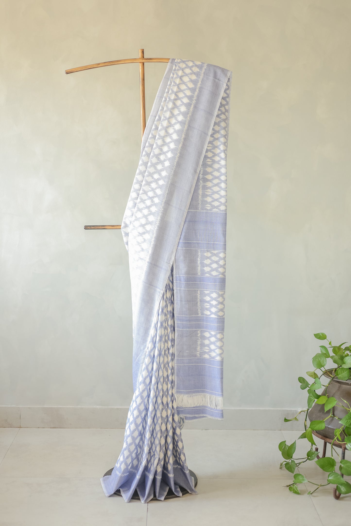 Light Blue and White Ikat Cotton with Plain Border Saree