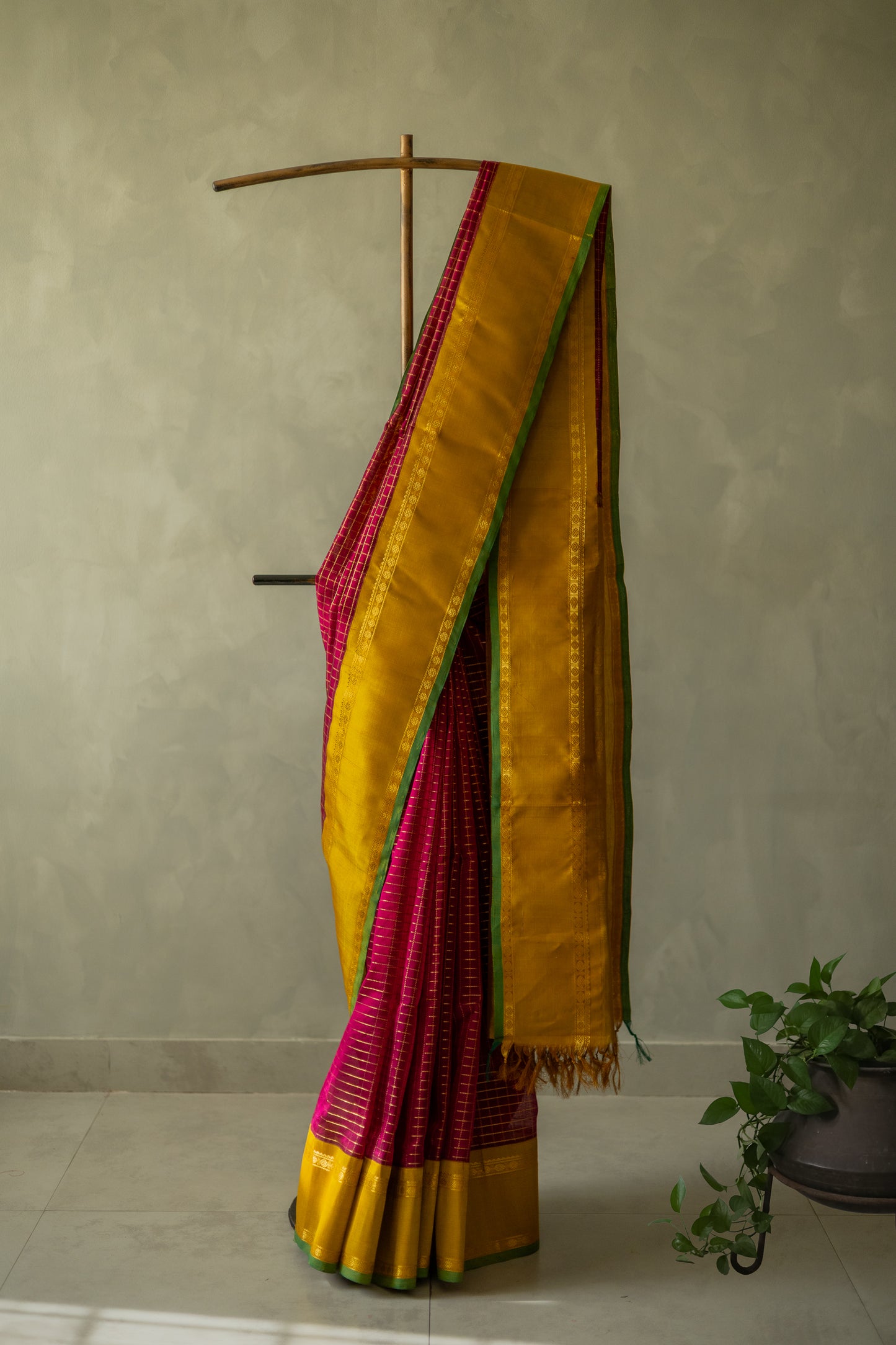 Maroon Silk Cotton with All Over Small Checks and Big Mustard Border Saree