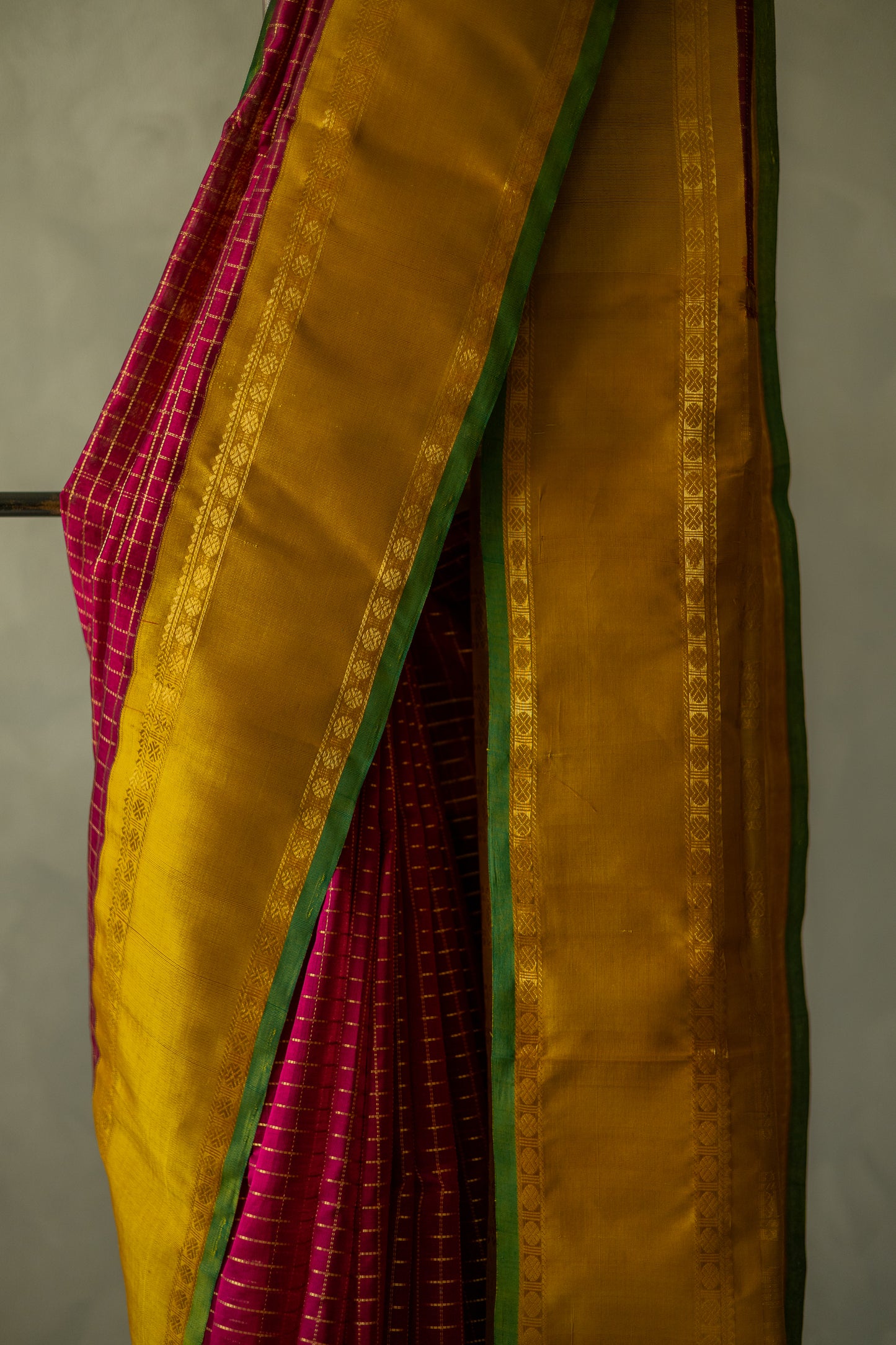 Maroon Silk Cotton with All Over Small Checks and Big Mustard Border Saree