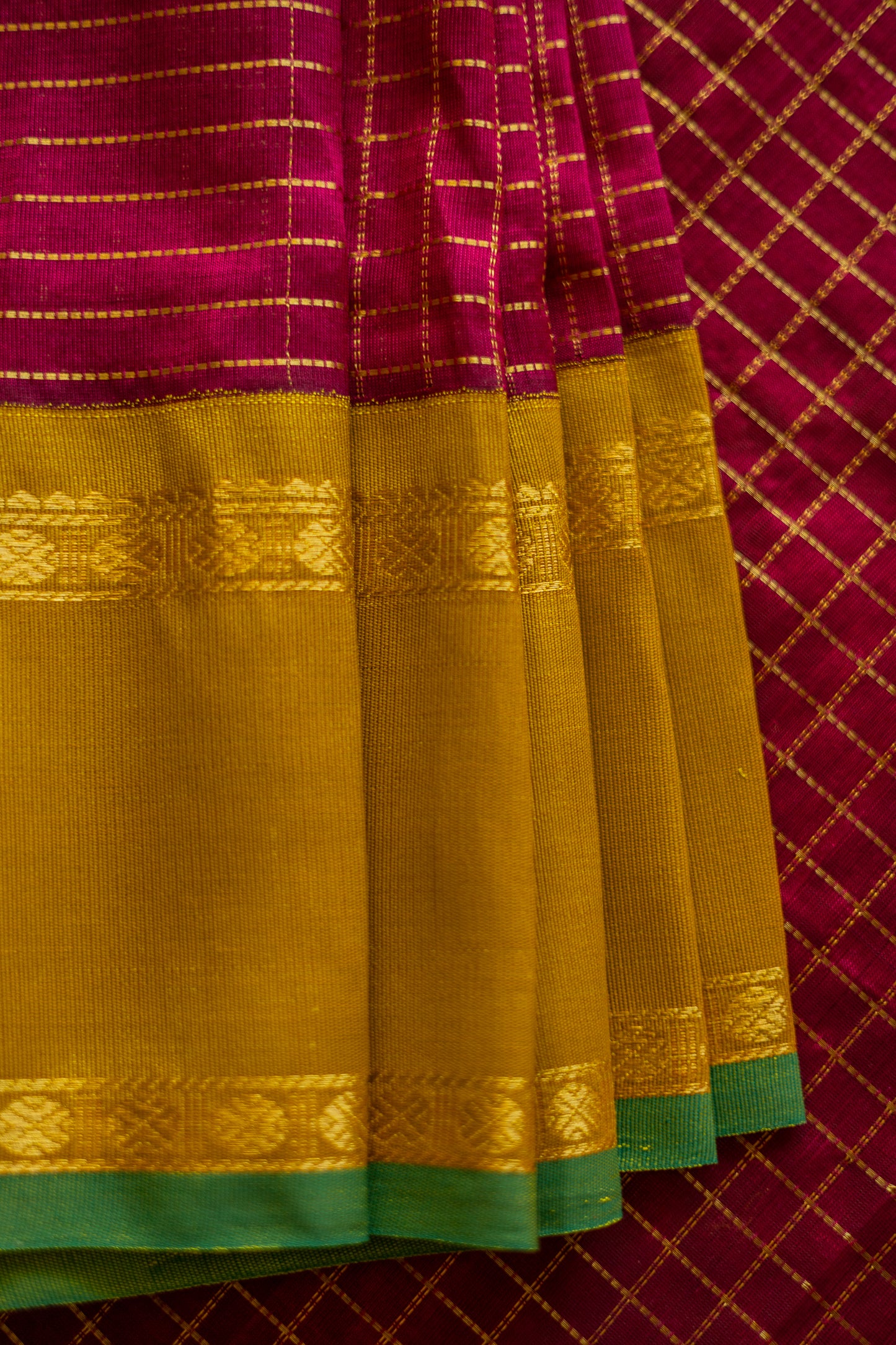 Maroon Silk Cotton with All Over Small Checks and Big Mustard Border Saree