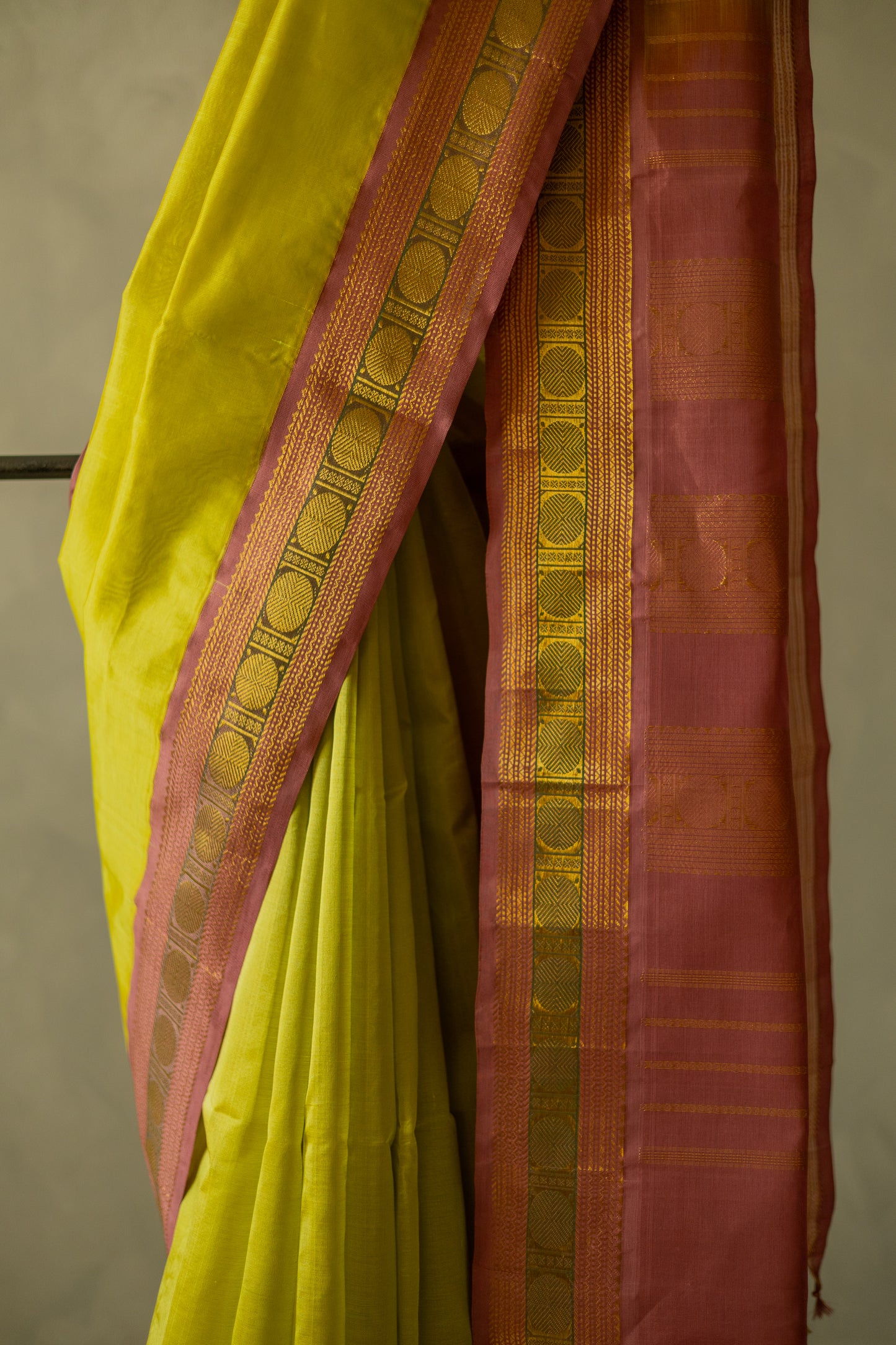 Lime Green Silk Cotton with Pink Border Saree