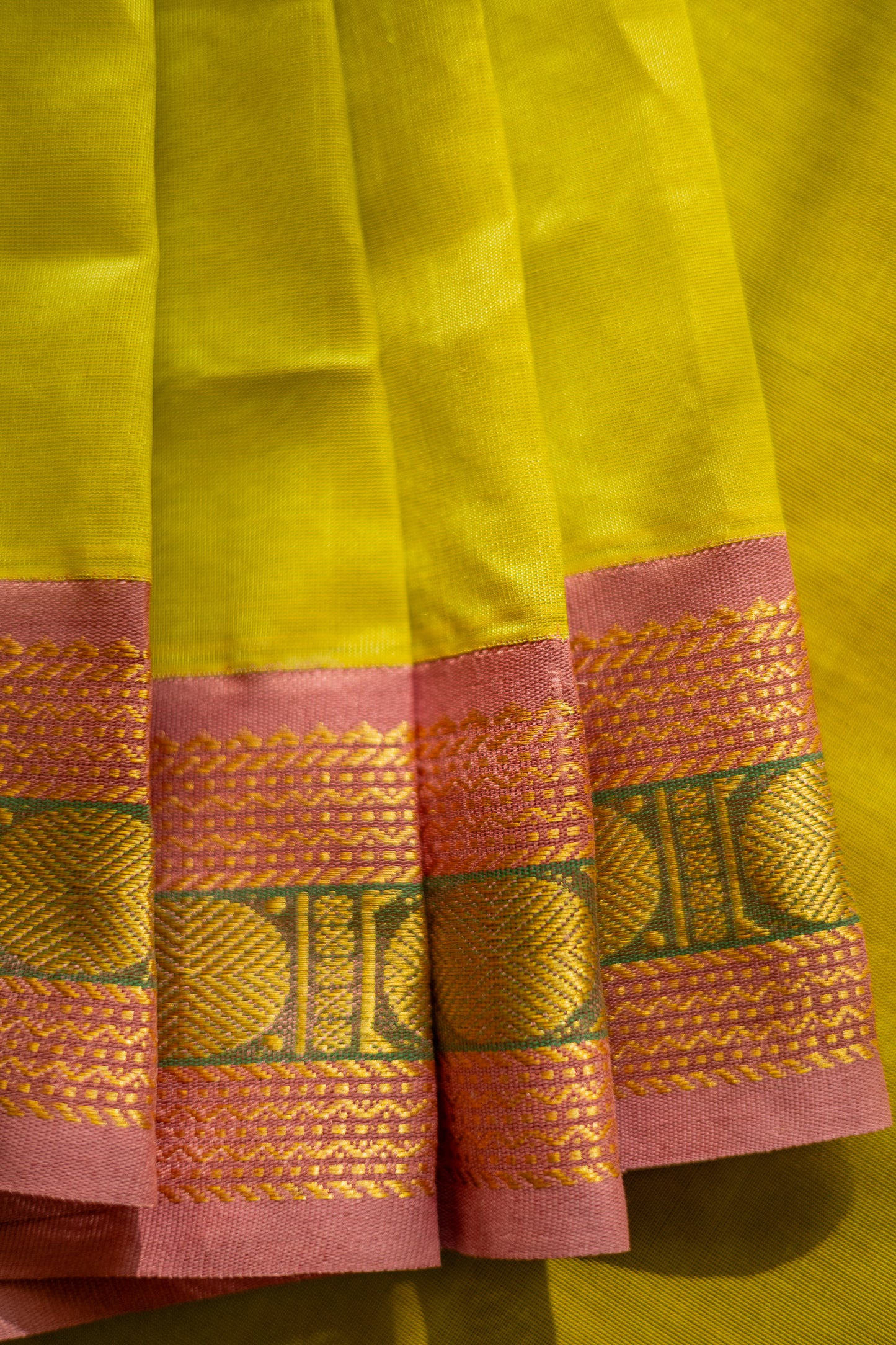 Lime Green Silk Cotton with Pink Border Saree