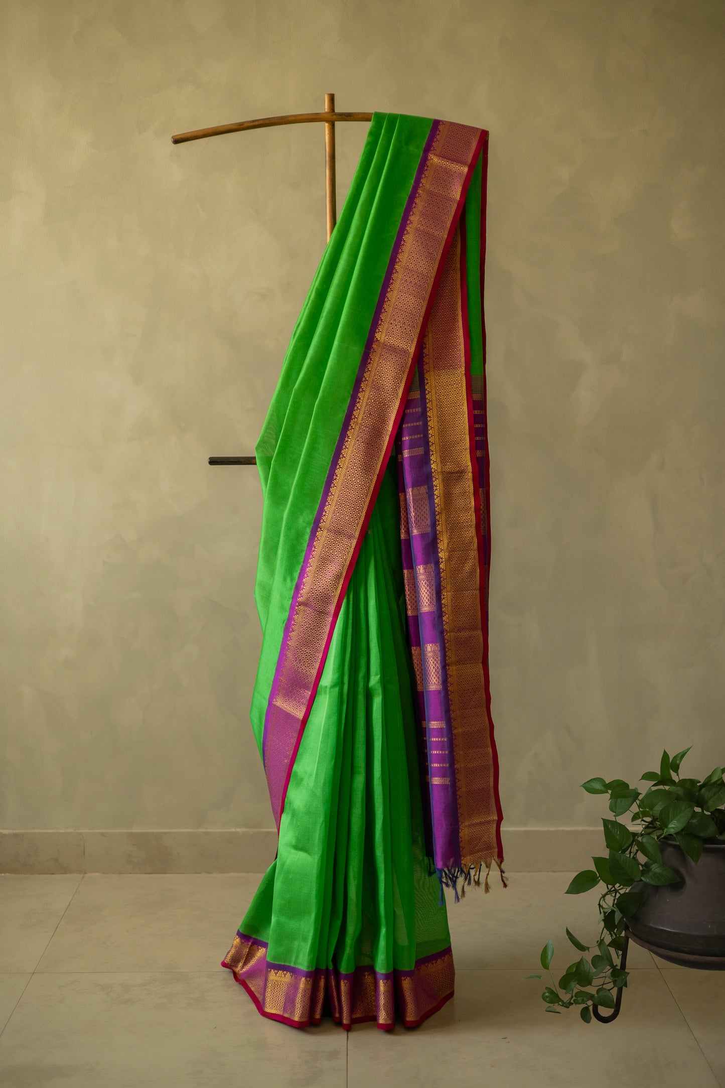 Green Silk Cotton with Traditional Purple Border Saree