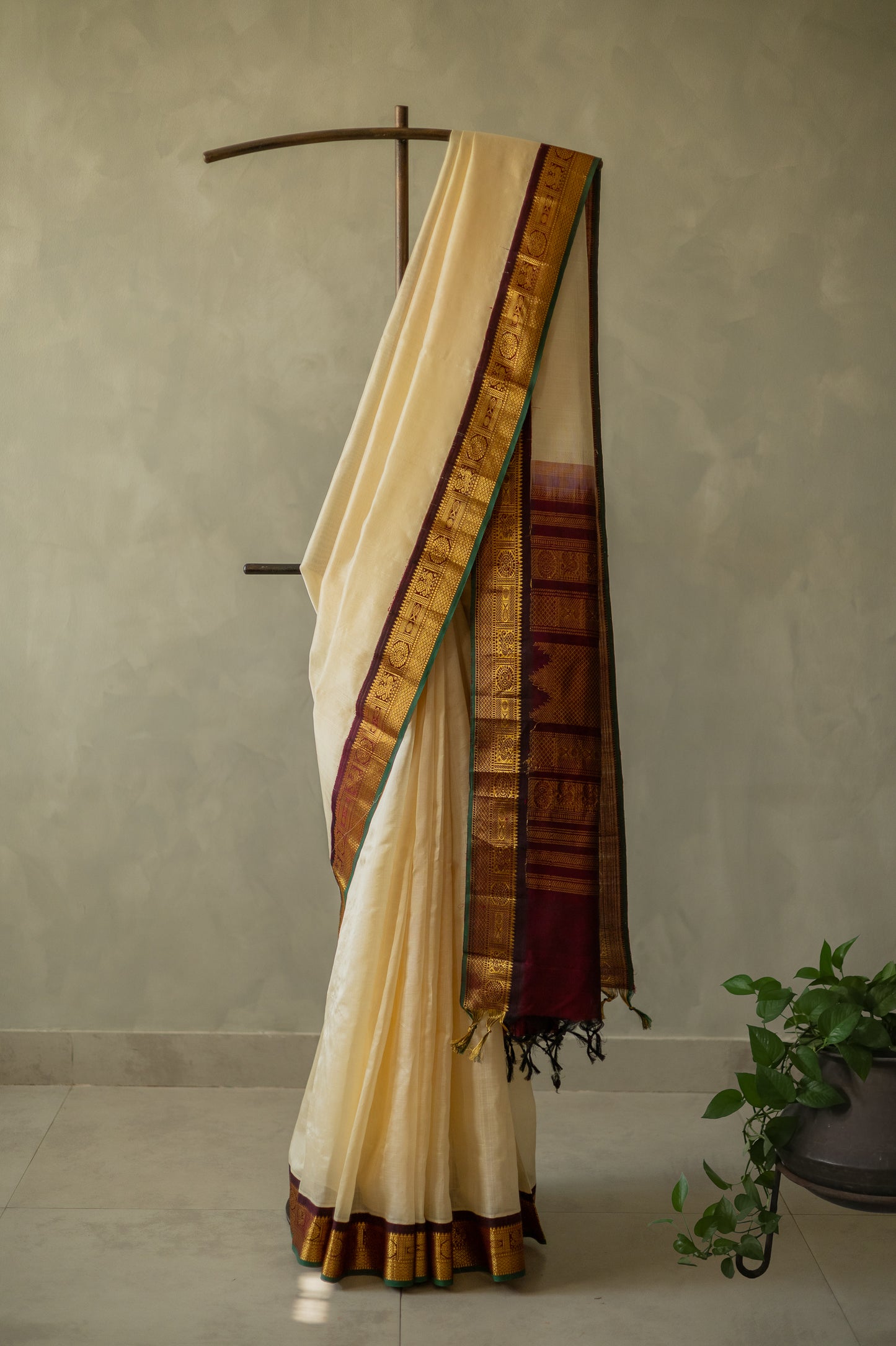 Off White Silk Cotton with Traditional Gold Zari Border Saree