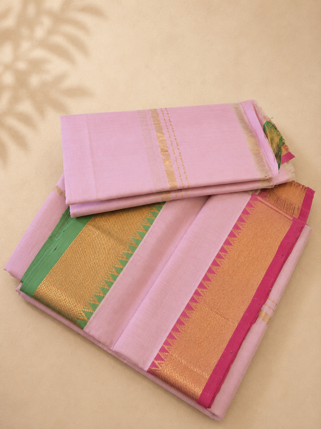 Light Pink Mangalagiri Silk Cotton Veshti Set with Gold Zari, Reddish Pink & Green Border