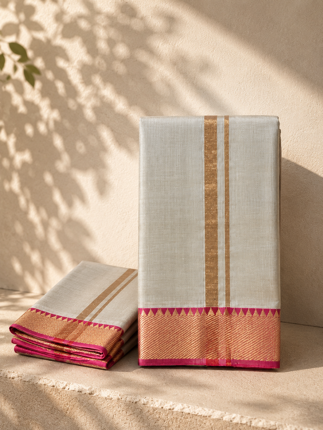 Ivory Grey Mangalagiri Silk Cotton Vesti Set with Rani Pink and Gold Border