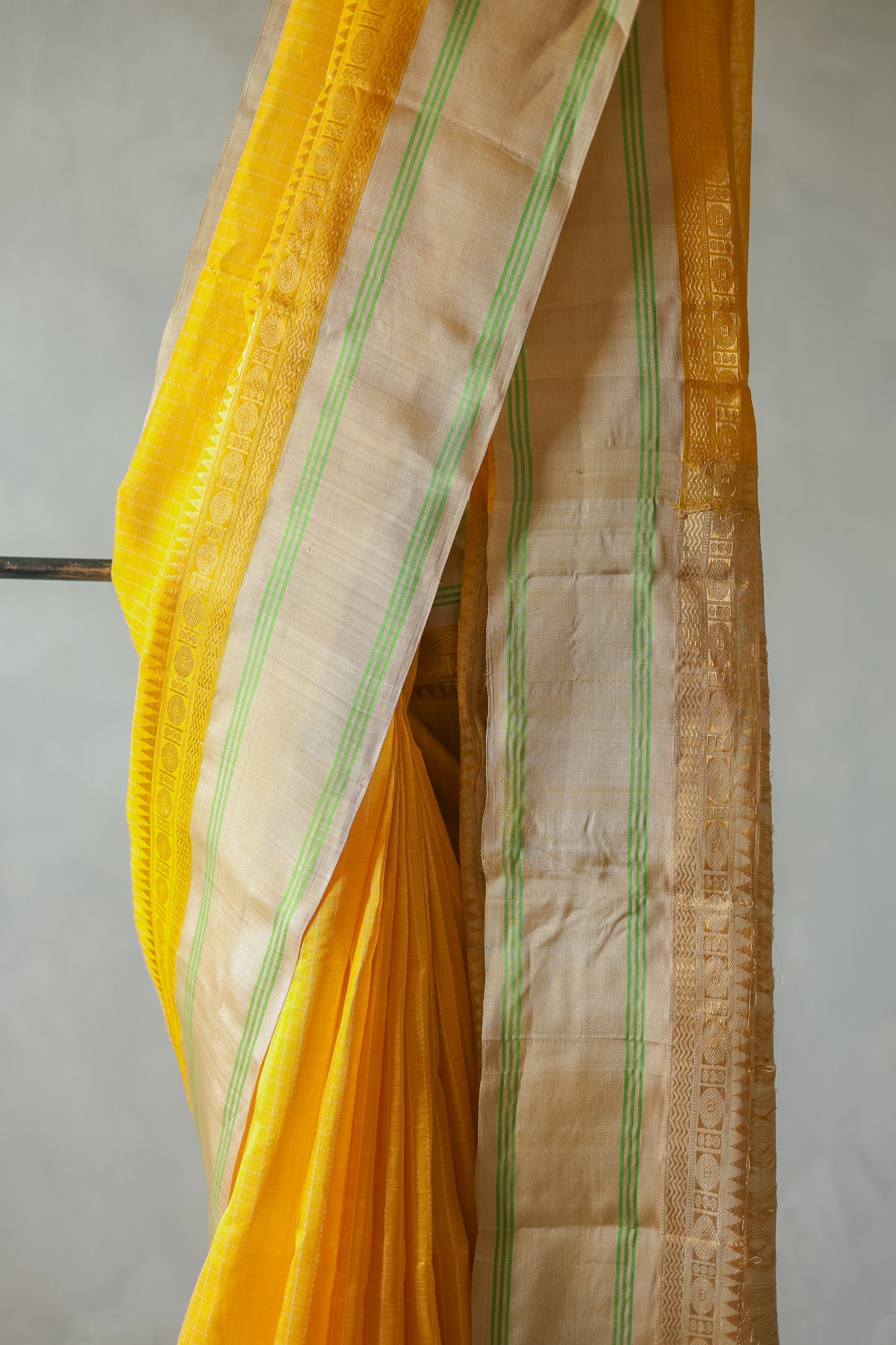 Yellow and Light Brown Border Gadwal Silk Cotton Saree