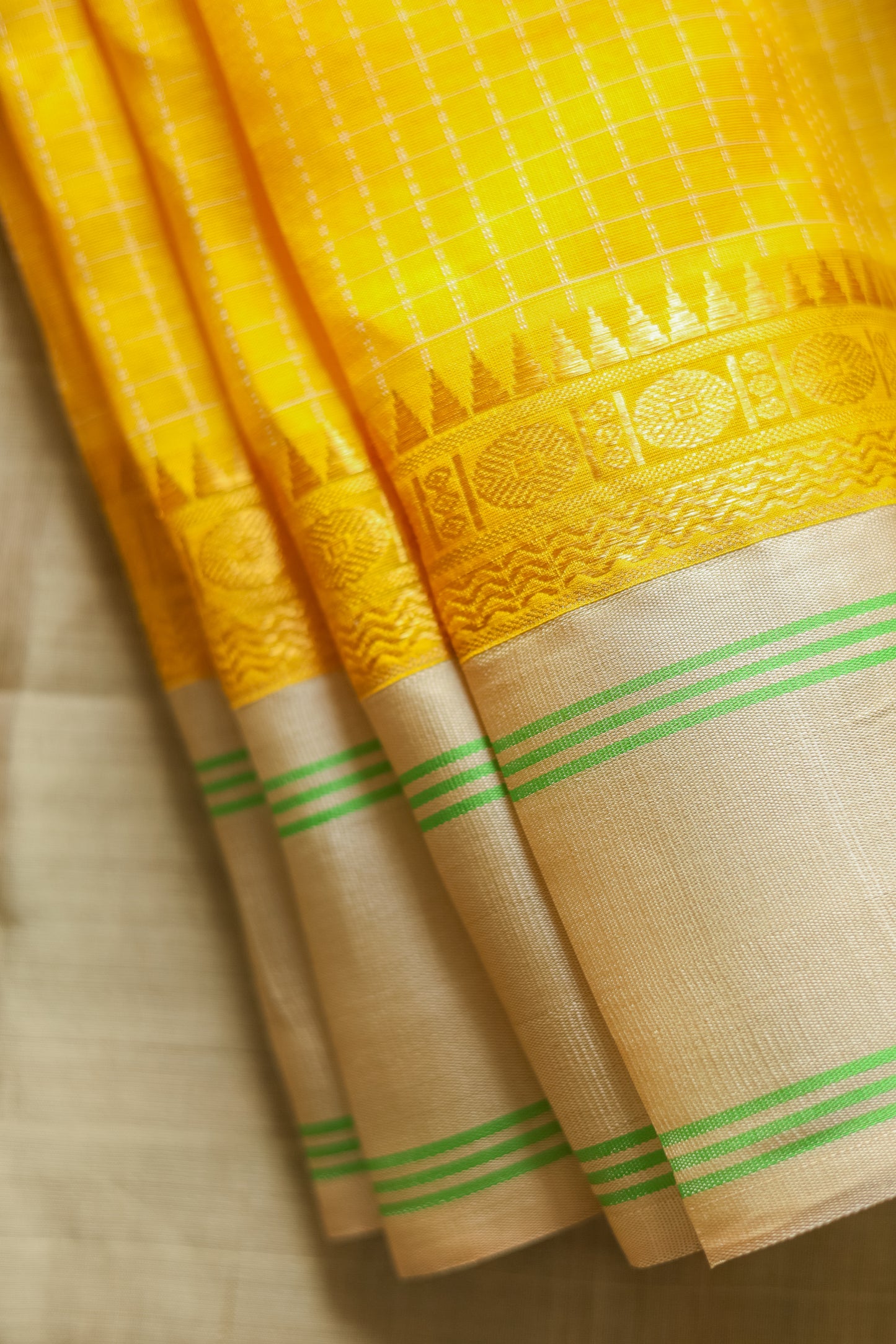Yellow and Light Brown Border Gadwal Silk Cotton Saree