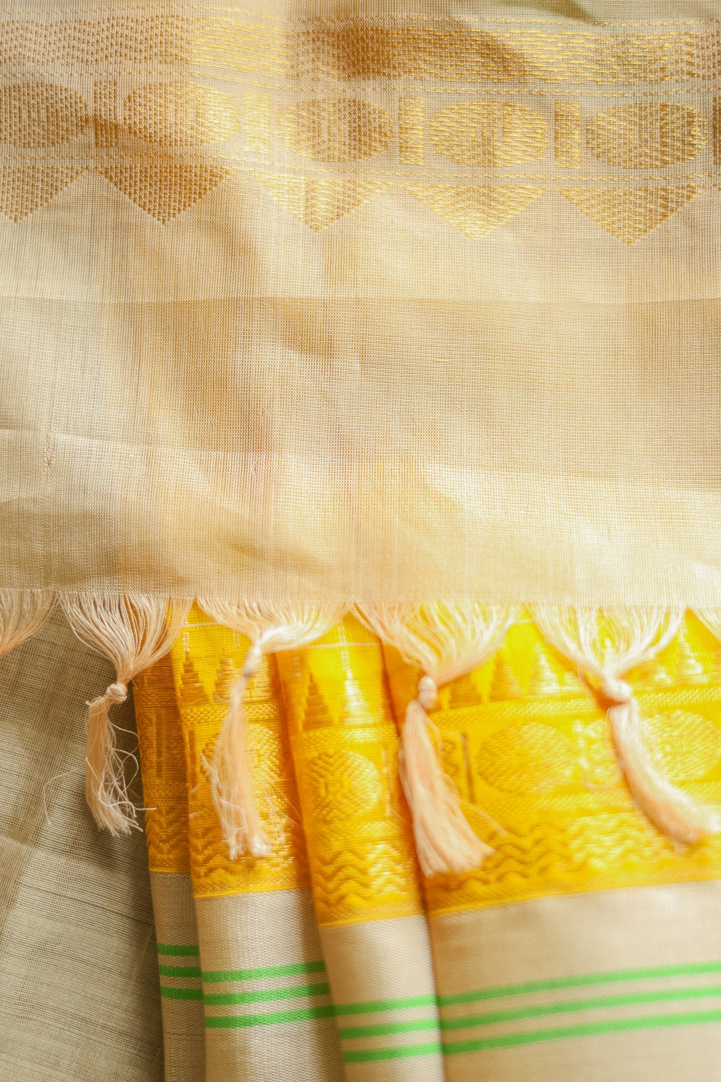 Yellow and Light Brown Border Gadwal Silk Cotton Saree