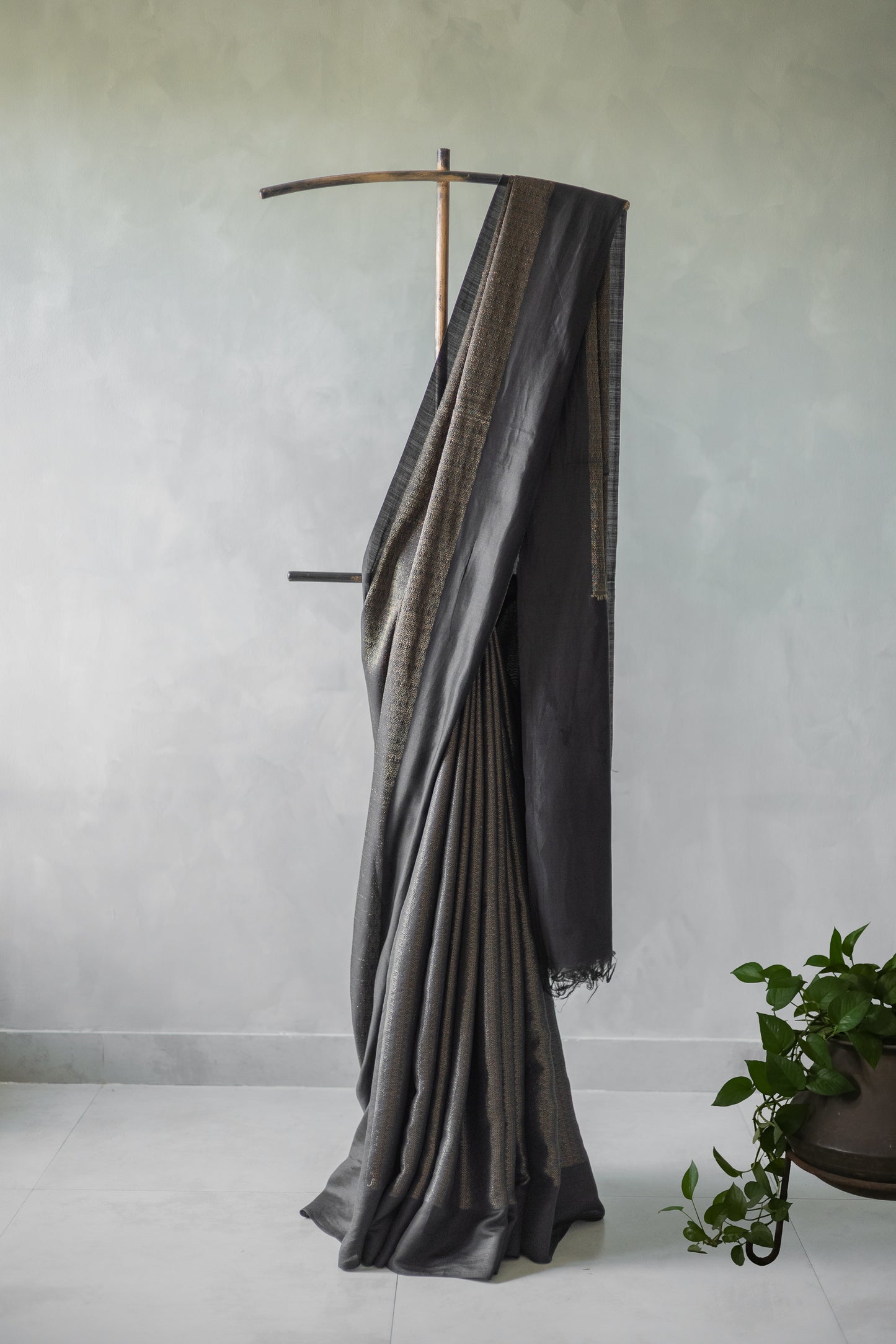 Black Tussar Moonga Self Woven Body with Gold Zari Saree