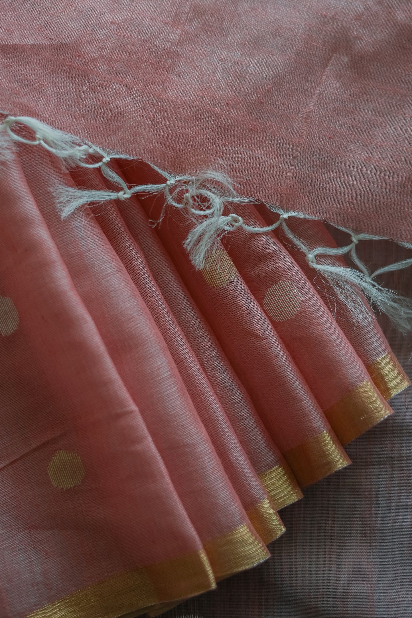 Light Pink Silk Cotton All Over Polka Bengal Jala Pallu Saree