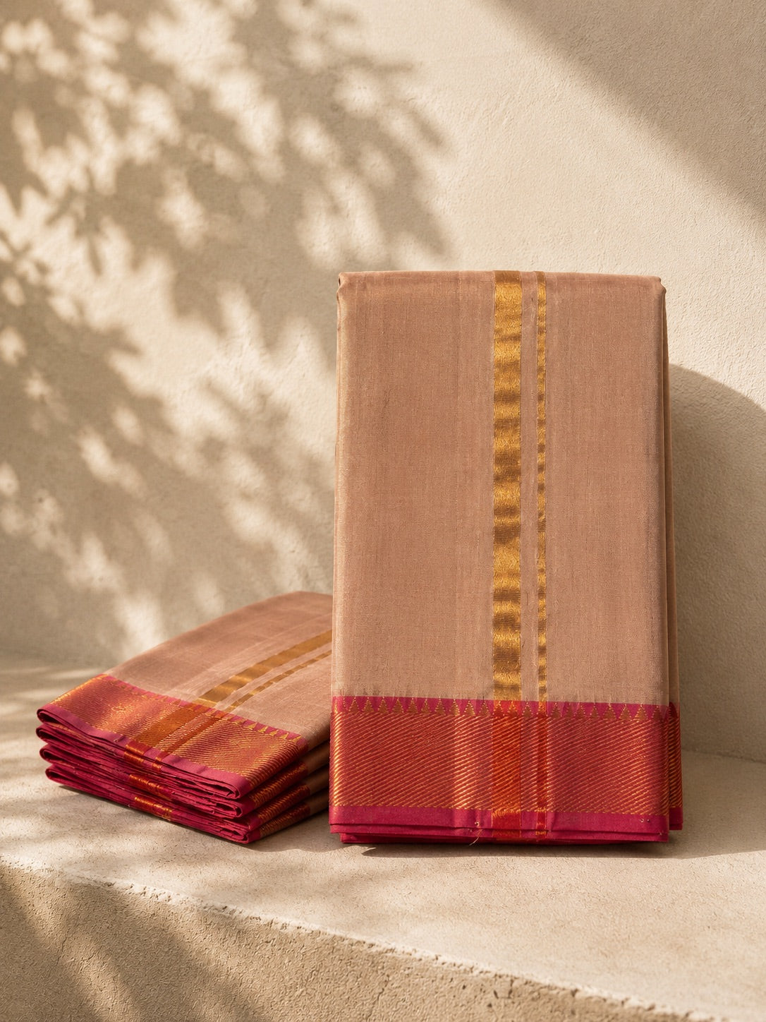 Natural Beige Mangalagiri Silk Cotton Veshti Set with Reddish Pink Zari Border