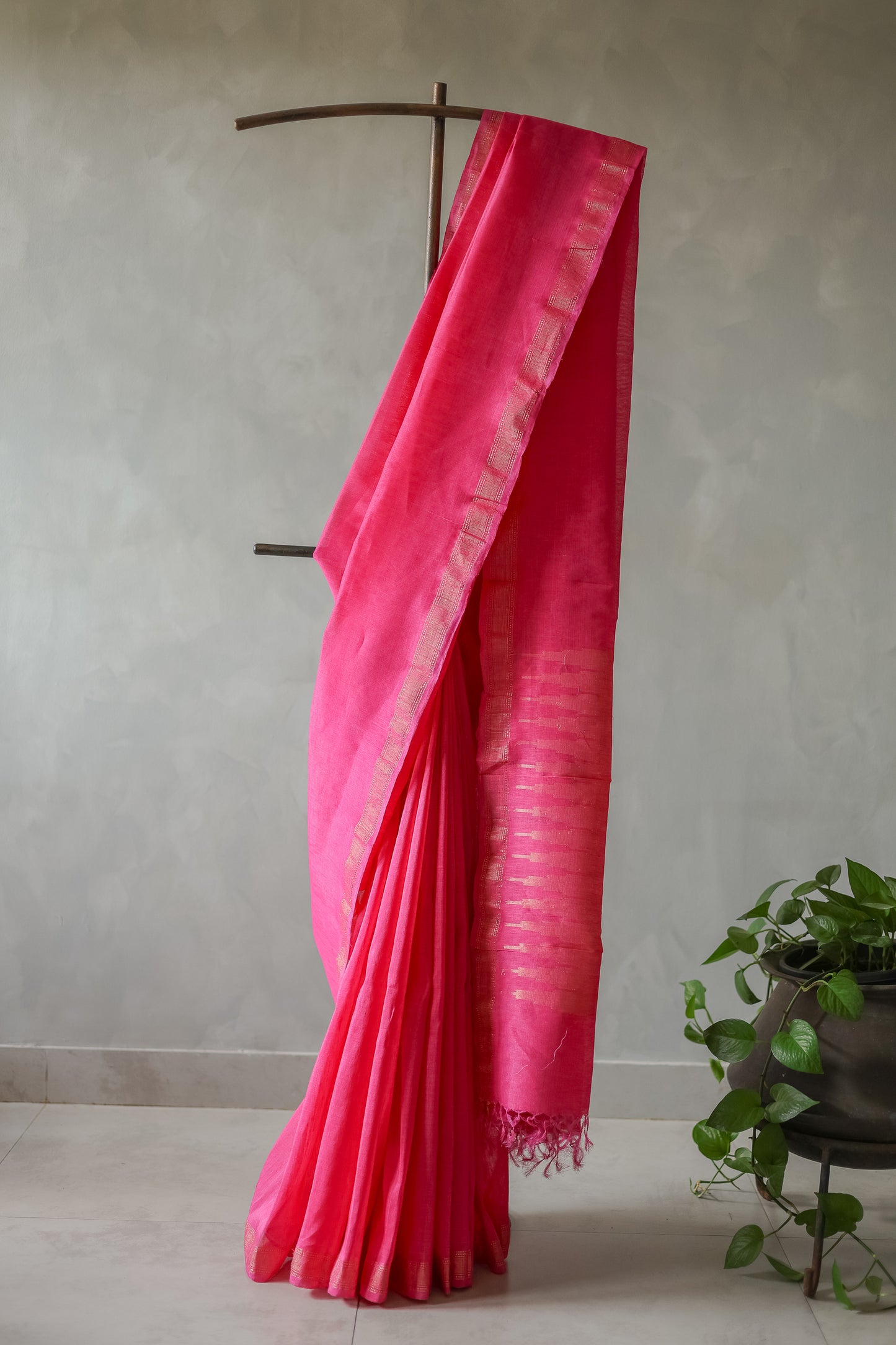 Pink Tussar Linen with Gold Border Saree