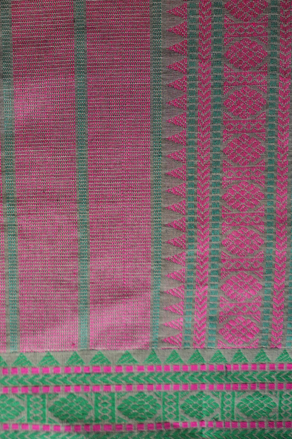 Black Brown Kanchi Cotton with Viridian Green and Rani Pink Border Saree