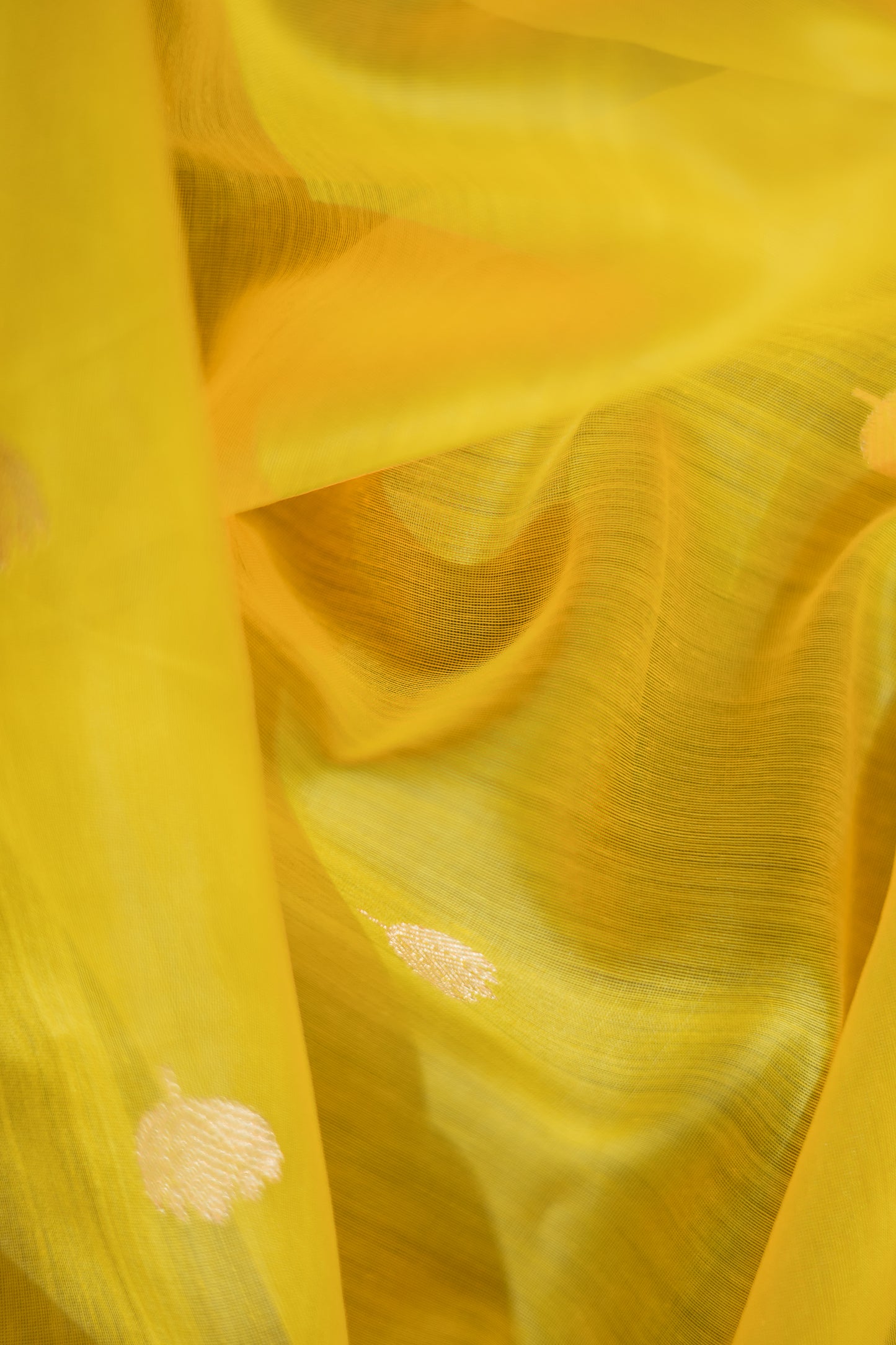 Yellow Chanderi Silk with Gold and Green Border and Lotus Motif Saree