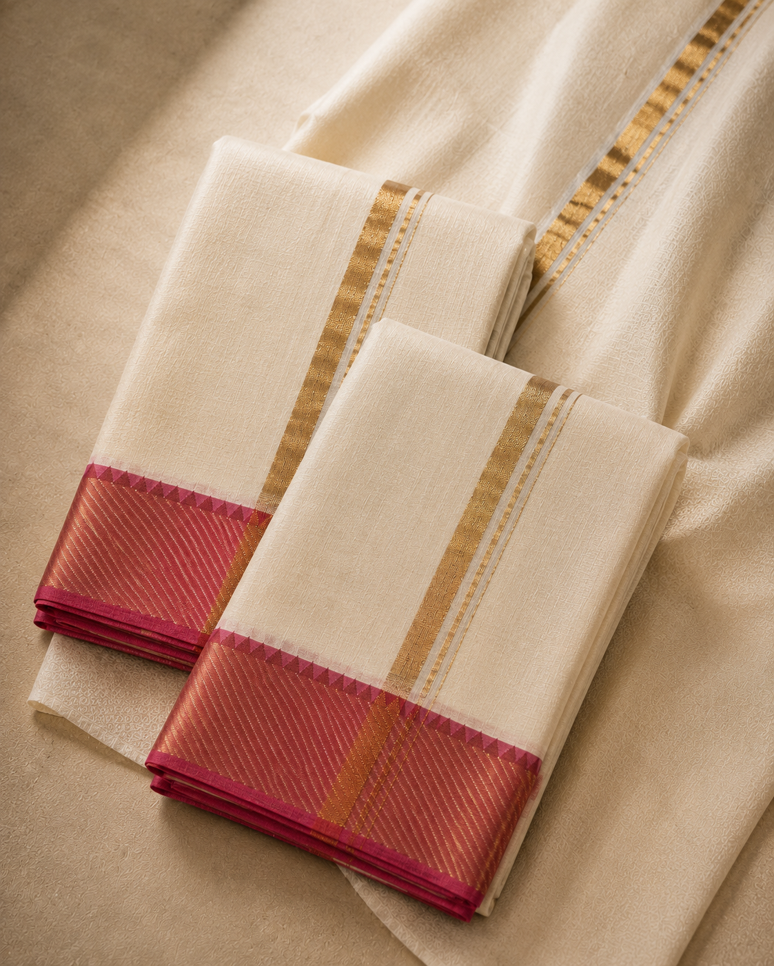 Classic Off-White Mangalagiri Silk Cotton Veshti Set with Maroon Zari Border
