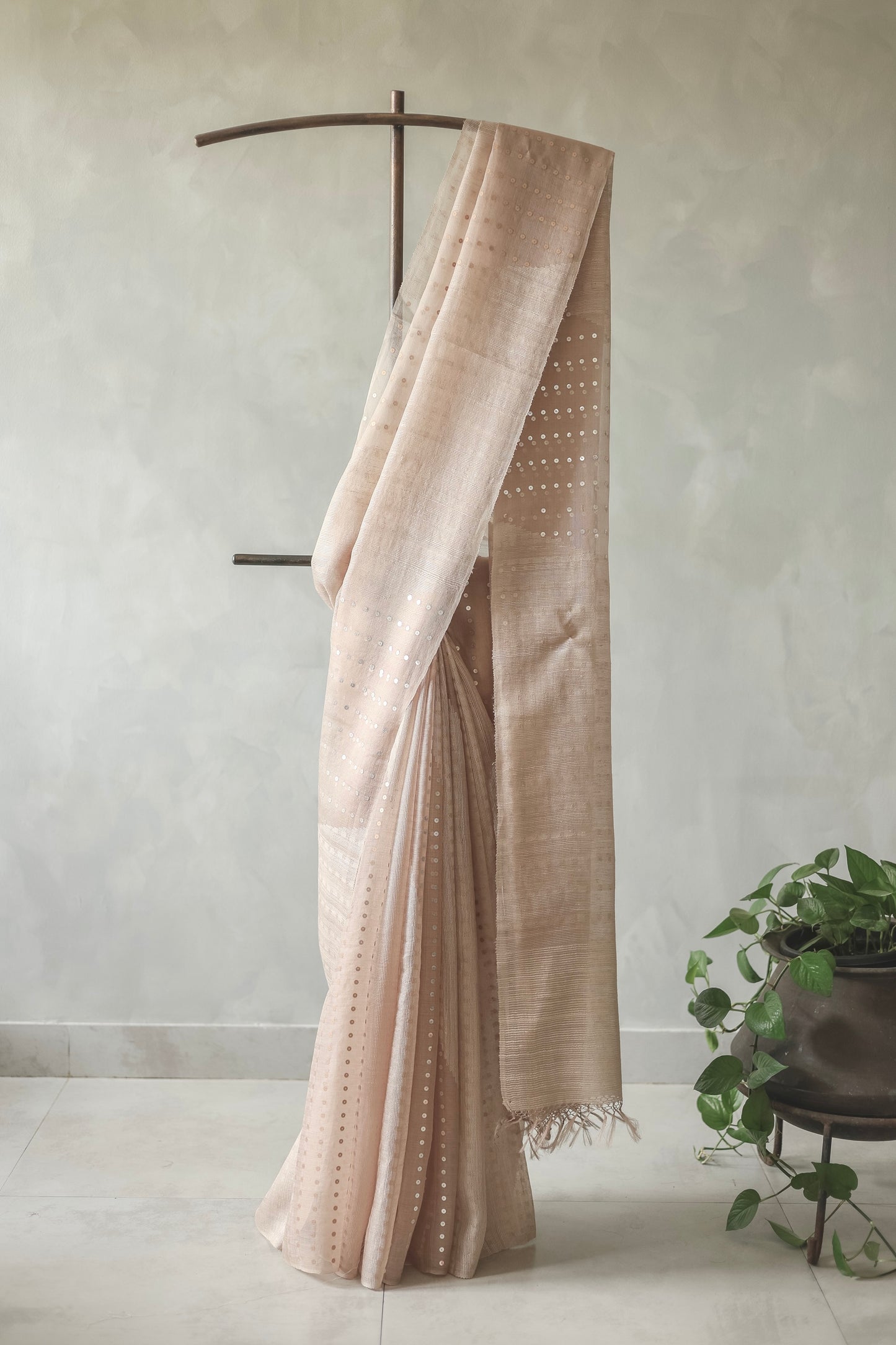 Beige Organza Silk Cotton Saree with Silver & Gold Sequins