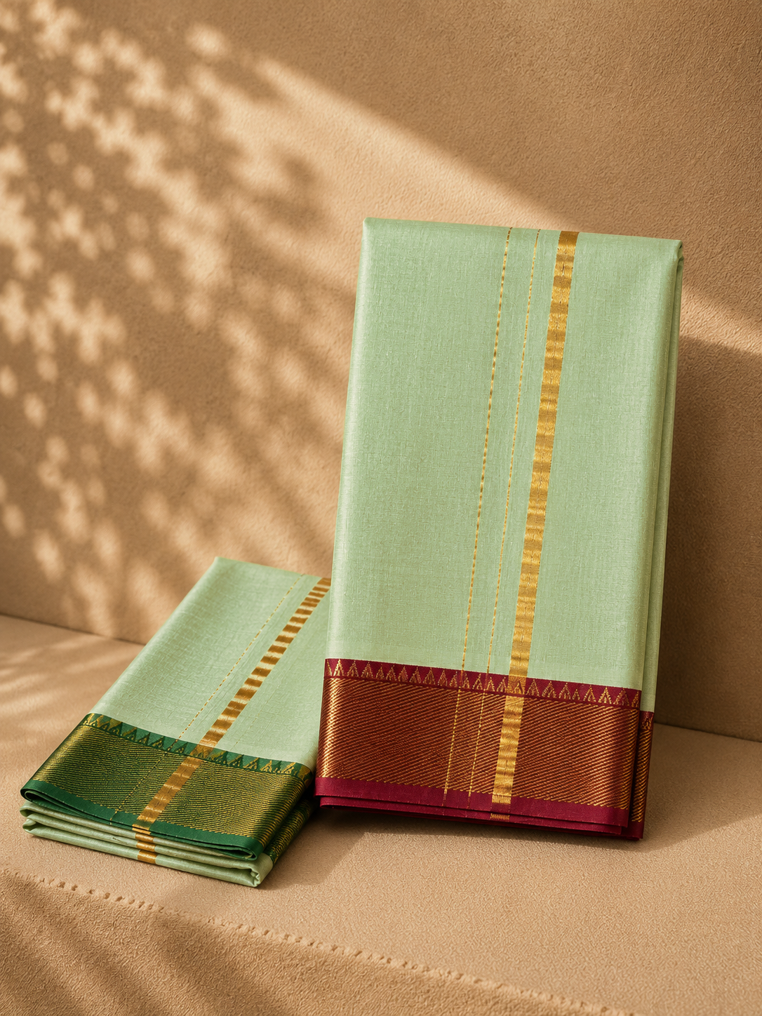 Mint Green Mangalagiri Silk Cotton Veshti Set with contrast Red and Green Gold Zari Border