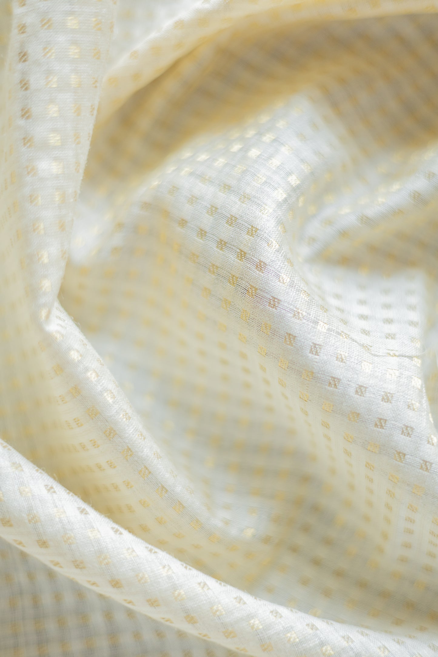 Off White Silk Cotton Handspun All Over Small Gold Checks Saree