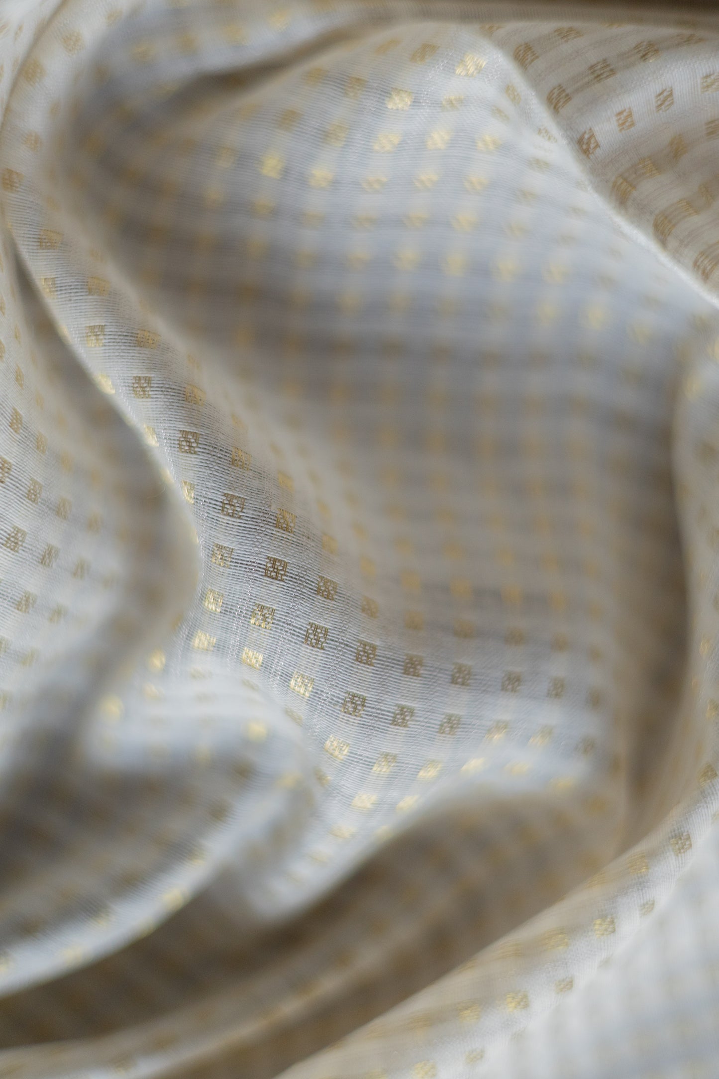 White Silk Cotton Handspun All Over Small Gold Checks Saree
