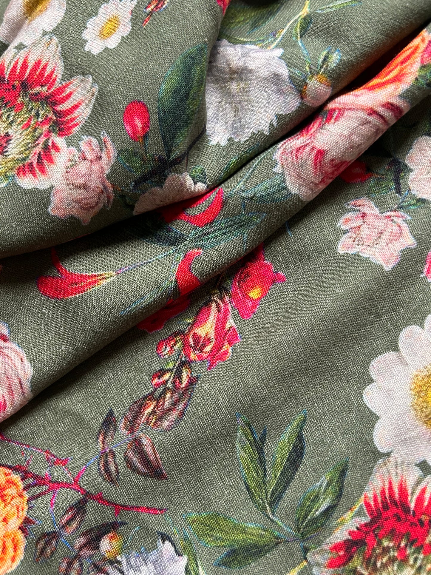 Sage Green Botanical Print on Modal Linen Fabric