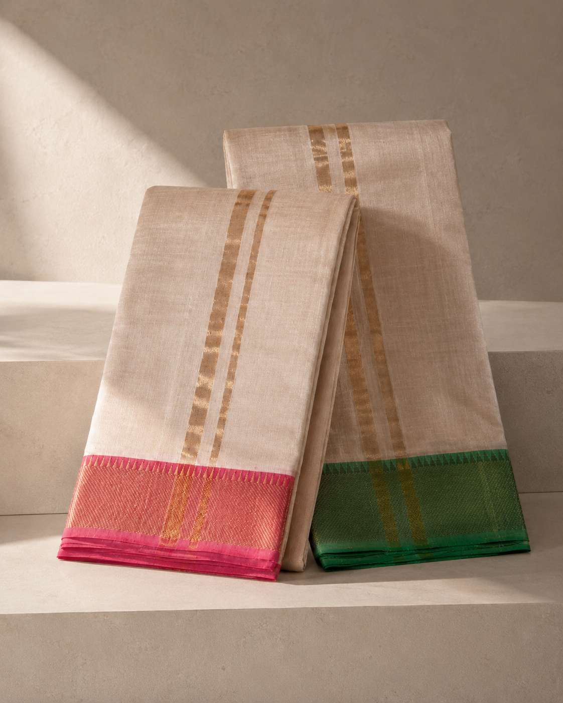 Ivory Mangalagiri Silk Cotton Vesti Set with Rose Red and Green Border