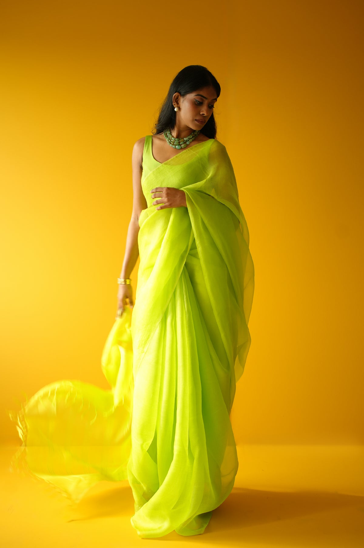 Lime Green Leno Silk Organza Saree
