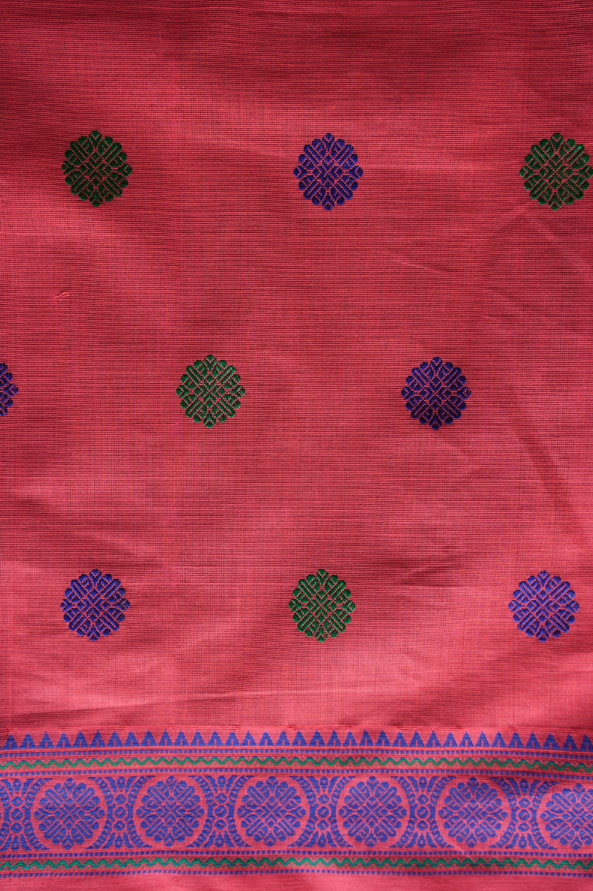 Coral Red Kanchi Cotton with Plum and Magenta Border Border