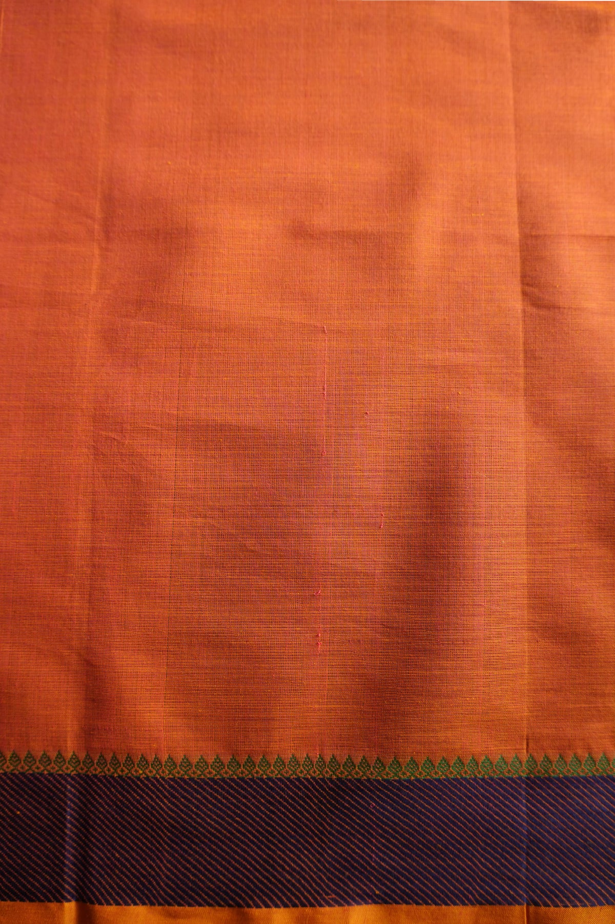 Fanta Orange Kanchi Cotton with Violet and Leaf Green Border Saree