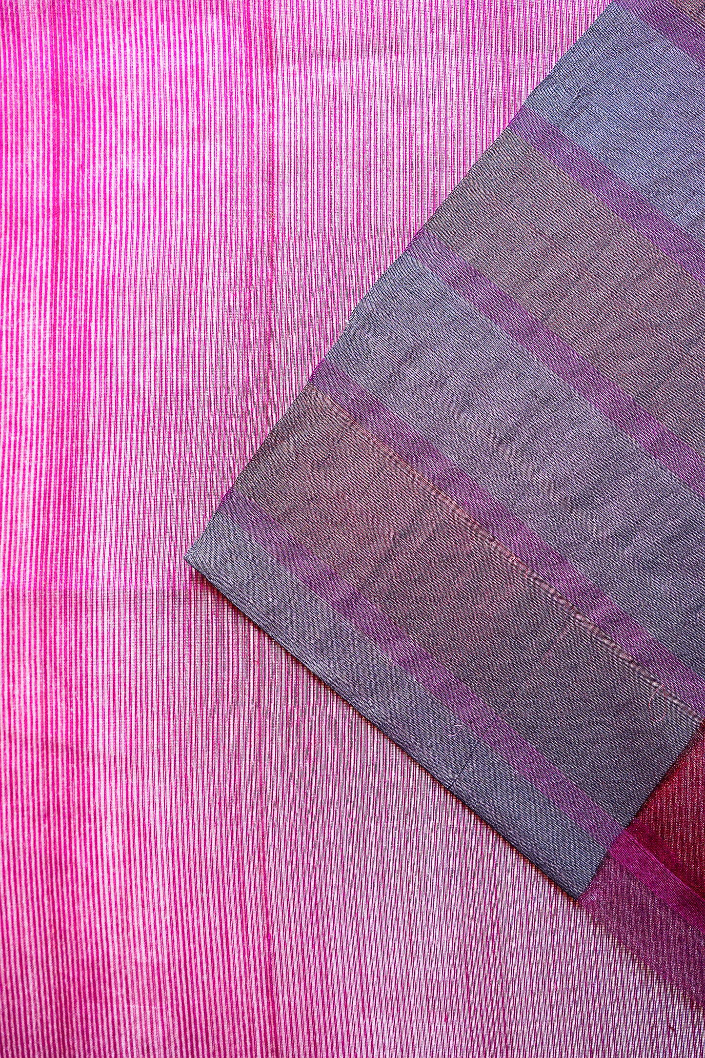 Metallic Pink & Magenta Striped Tissue Silk Cotton Saree with Gold Tissue Weave and Charcoal Grey Border