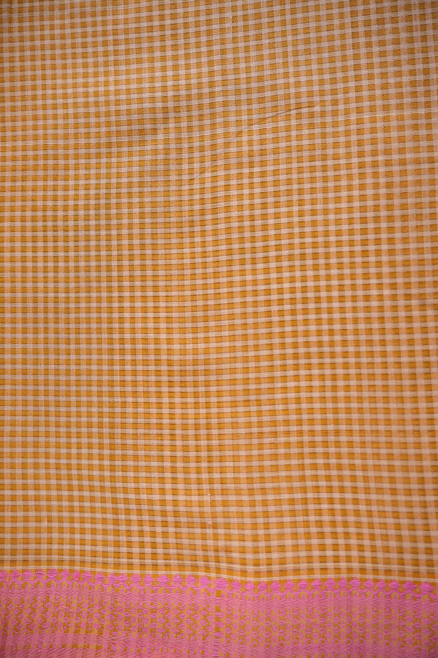 Mustard Micro Check Mangalagiri Cotton With Pink Border Saree