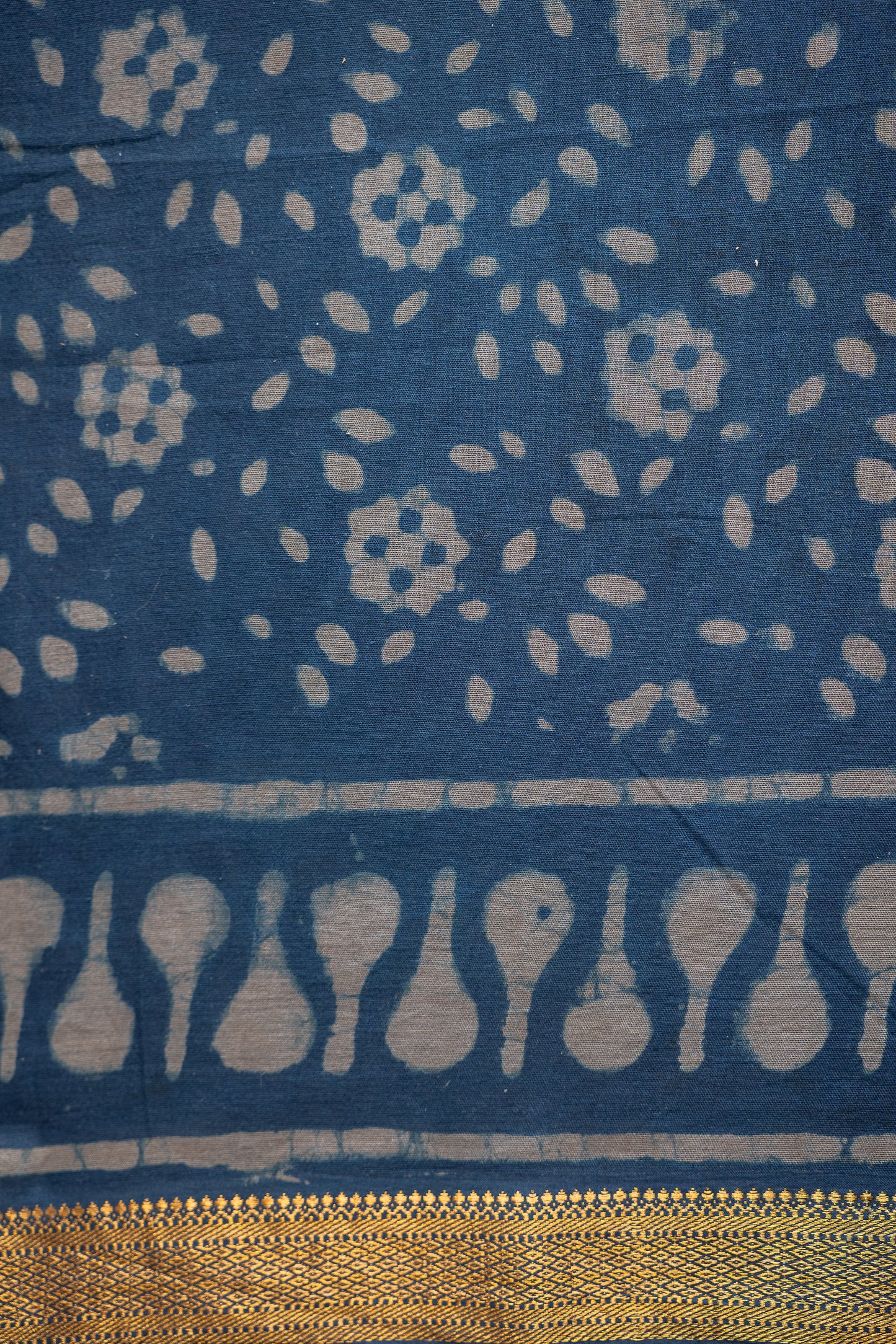 Indigo Dabu Print Silk Cotton With Zari Border Saree