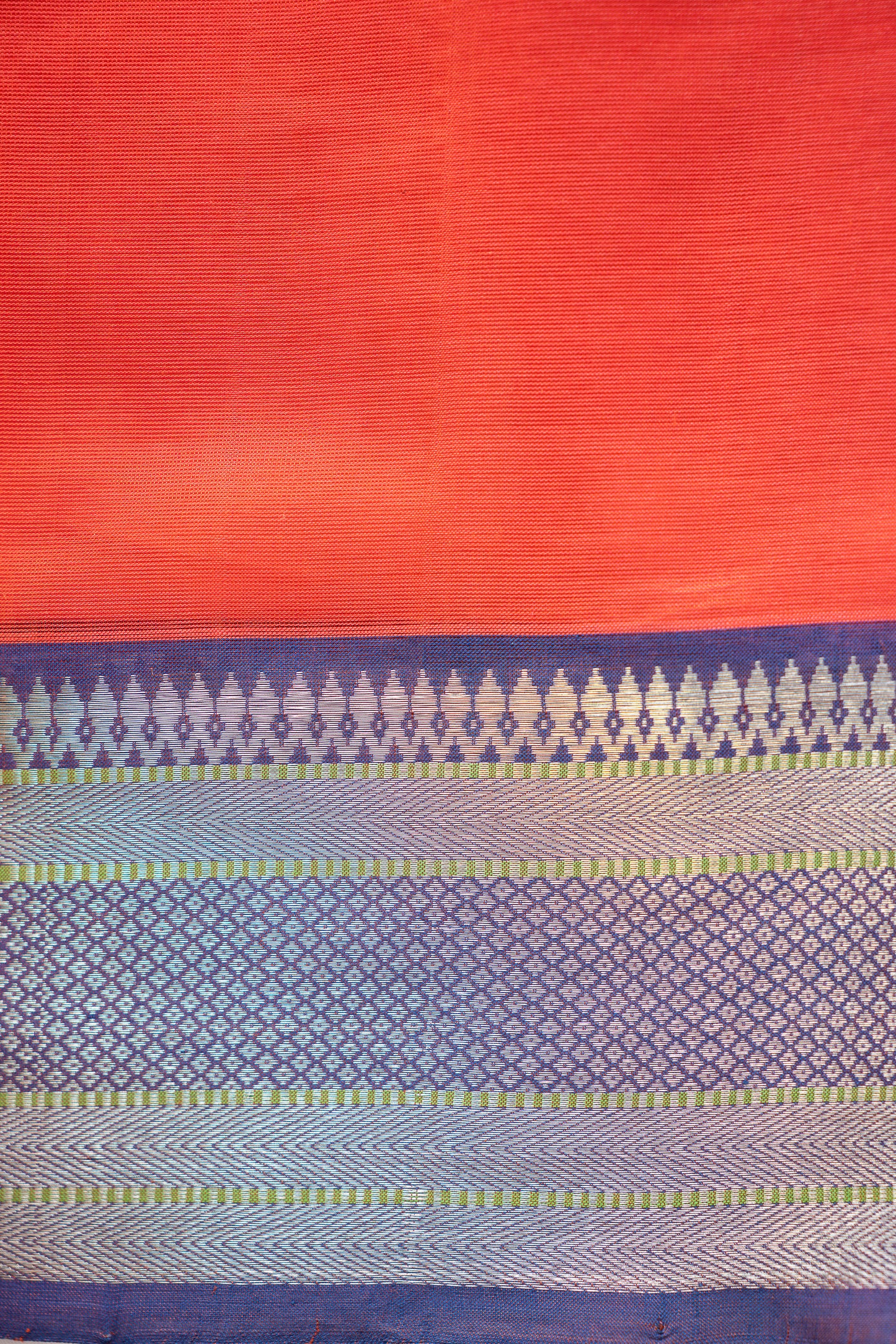 Coral Orange Plain Mangalagiri Silk Cotton with Silver Zari Border Saree