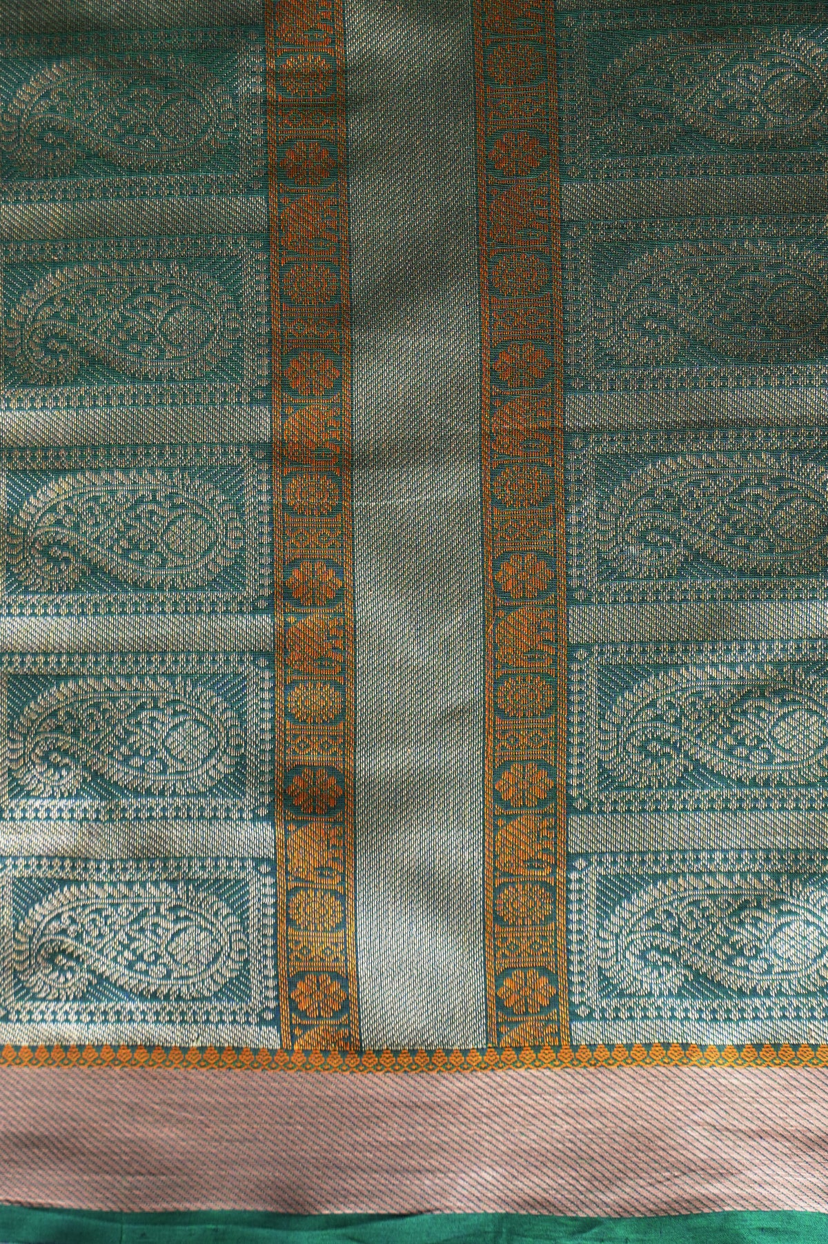Deep Peacock Blue Kanchi Cotton With Beige And Green Border Saree