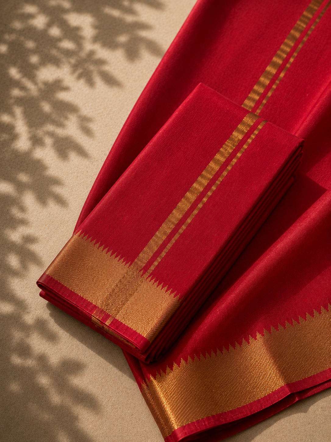 Classic Red Mangalagiri Silk Cotton Veshti Set with Gold Zari Border