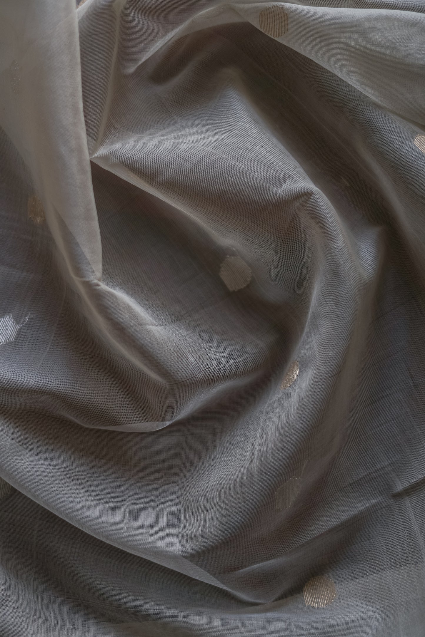 Pale Grey Silk Cotton All Over Polka Bengal Jala Pallu Saree