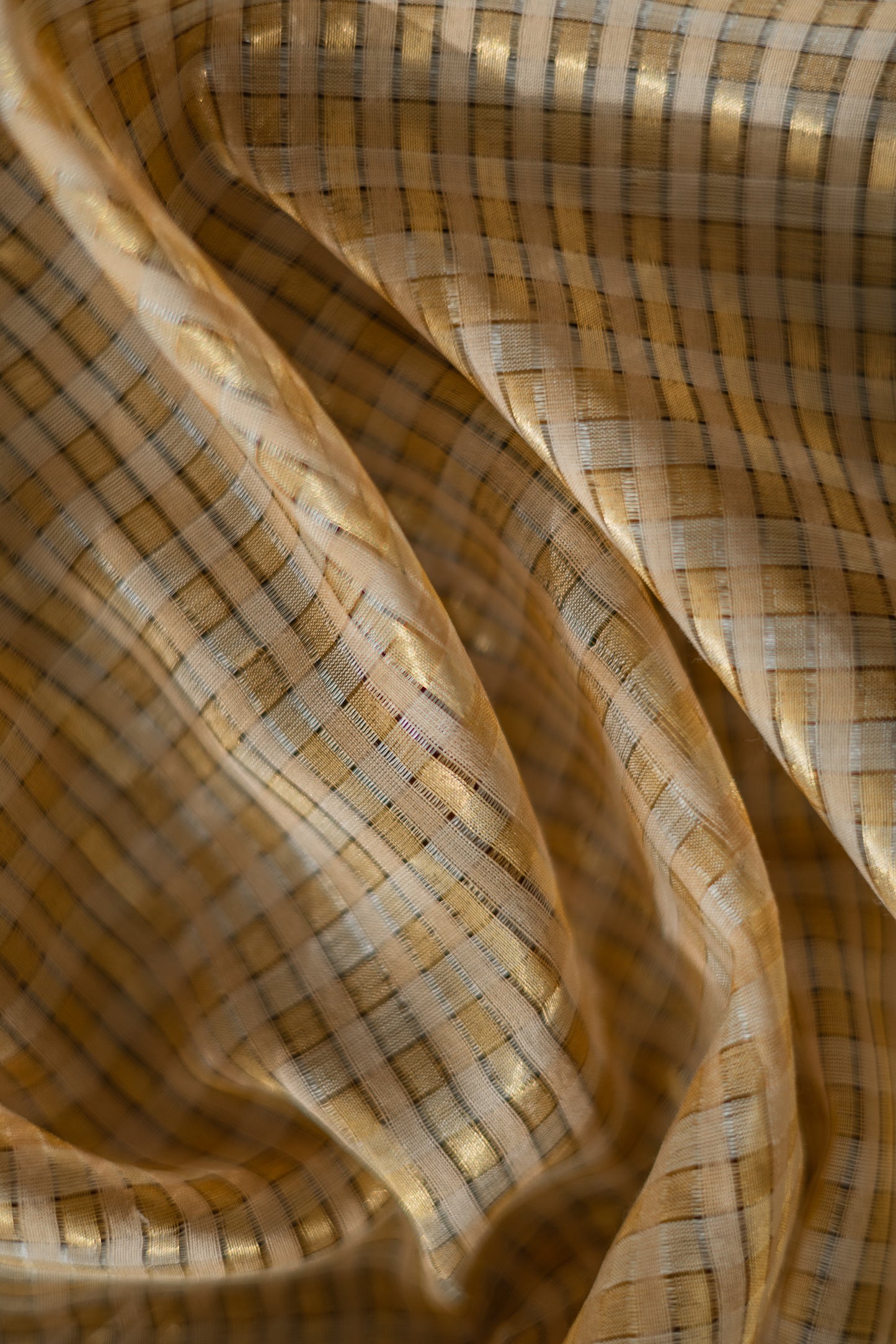 Gold and Beige Tussar Muga All Over Checked Saree
