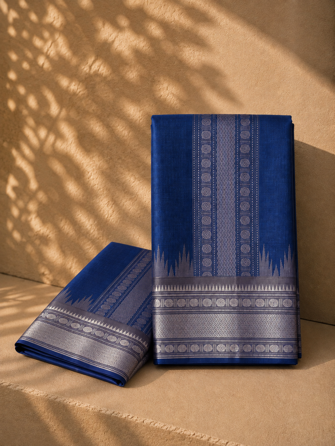 Royal Blue Pure Kanjeevaram Silk Veshti with Silver-Grey Silk-Thread Weaving