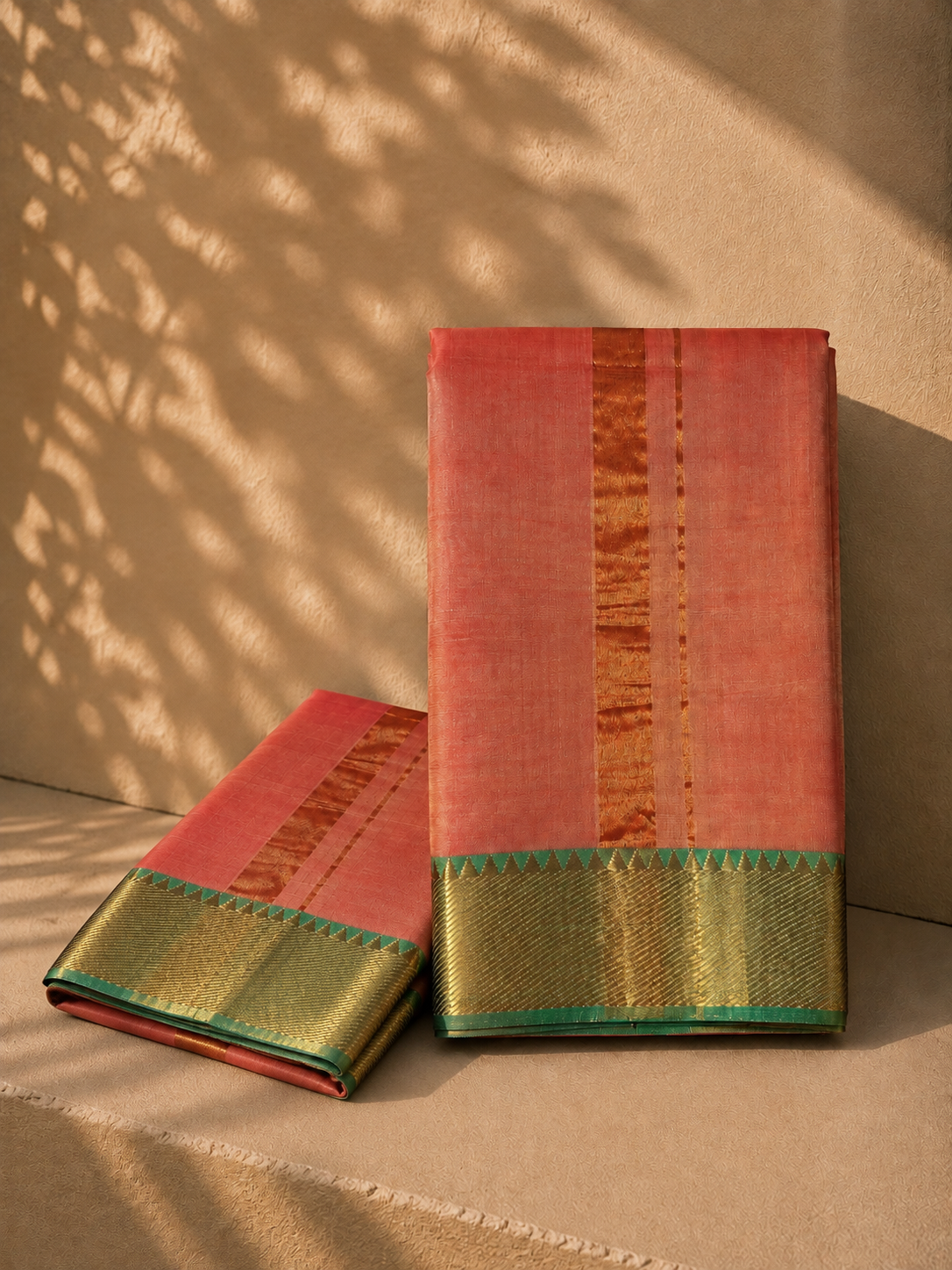 Coral Pink Mangalagiri Silk-Cotton Veshti with Emerald Green Temple Border