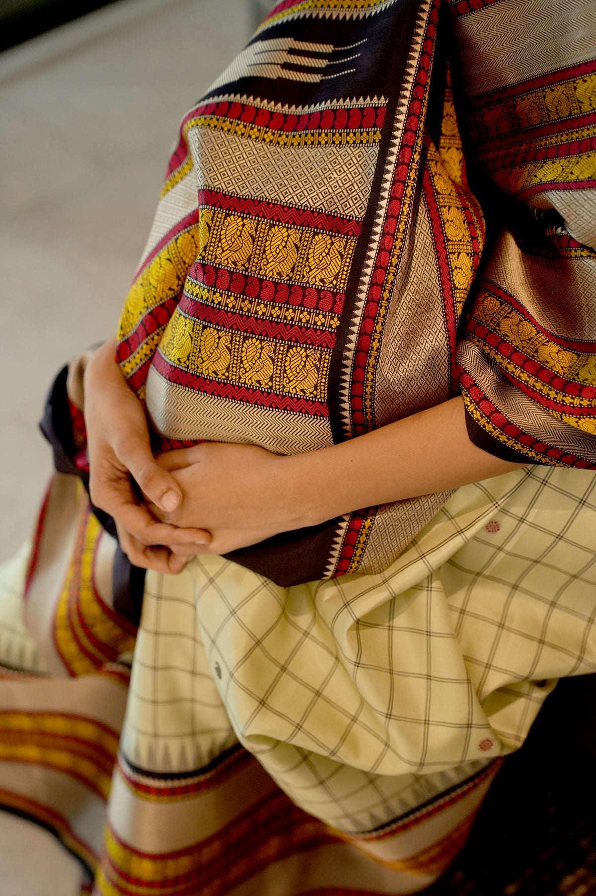Ivory Cream Kanjivaram Silk Saree with Black, Mustard Yellow and Red Thread Work Border